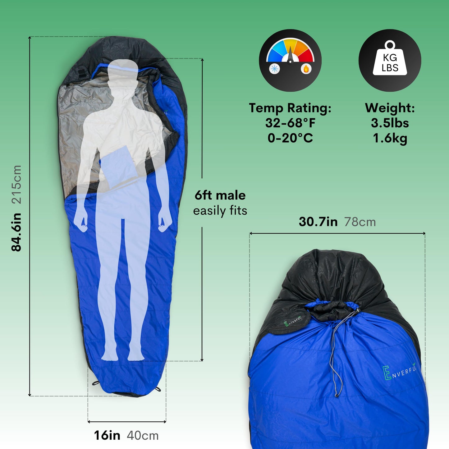 Duck Down Mummy Sleeping Bag for Adults – Cold & Warm Weather Sleeping Bags – Lightweight, Compact & Portable Camping – Sleep bag for Emergency, Hiking, & Backpacking – Compression Carrying Bag – Blue