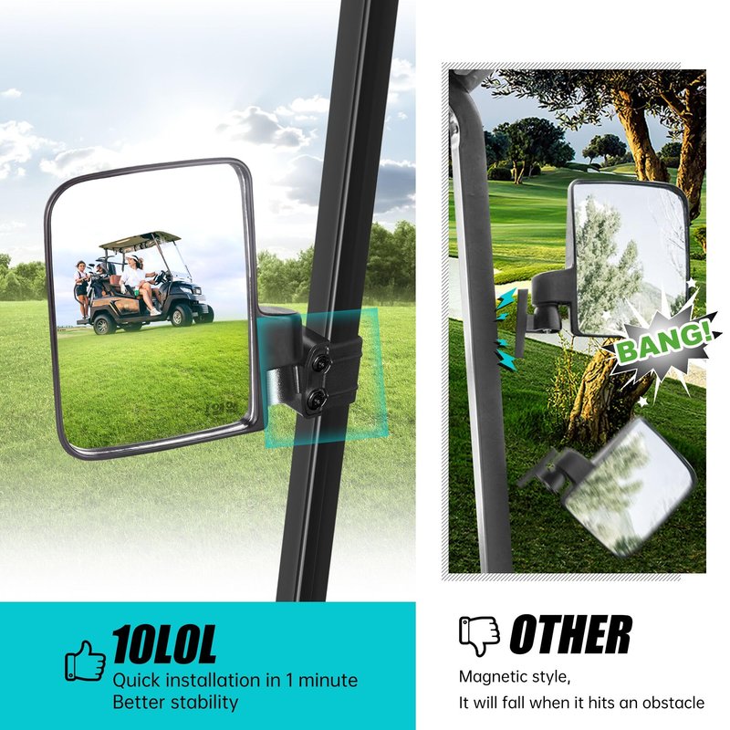 10L0L Golf Cart Side Mirrors, No Drilling Universal Rear View Mirror Folding Adjustable 180 Degree for EZGO Club Car Yamaha 0.75' 1' 1.25' Square Tube