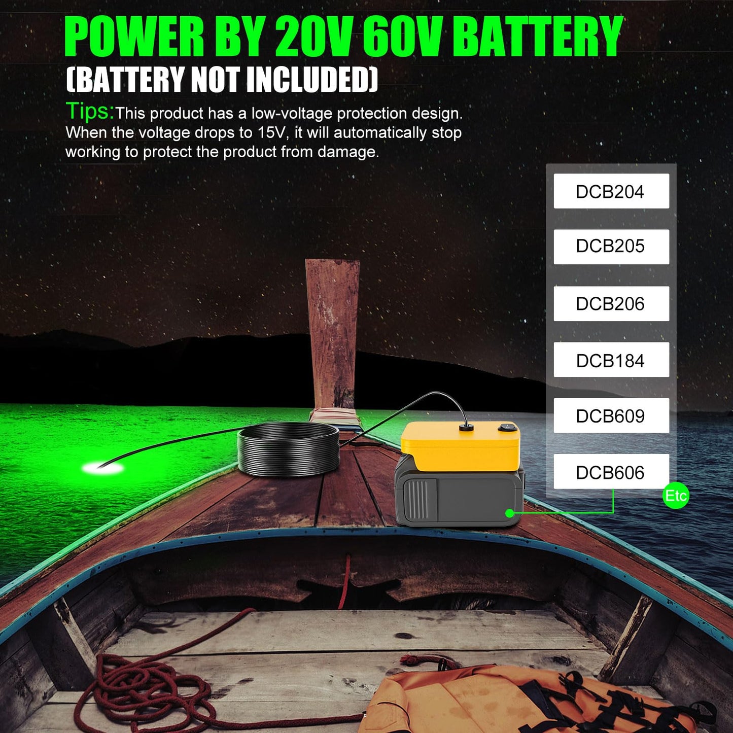 Underwater Fishing Light Compatible for Dewalt 20V Battery，LED Green Light for IP68 1300 Lumens Fish Attracting, Night Fishing for Docks Boats or Kayaks(no Battery)