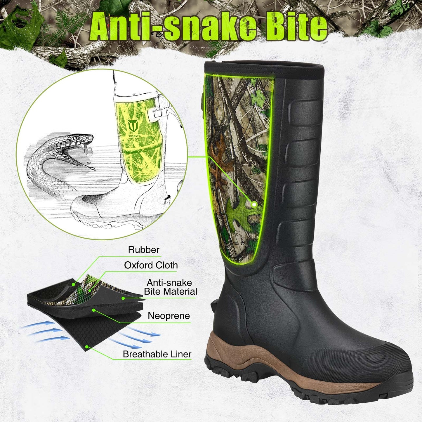 TIDEWE Hunting Boots Snake Proof for Men, Waterproof Insulated Warm Rubber Boots with Steel Shank, 5mm Neoprene Warm Sturdy Lightweight Outdoor Boots, Sturdy Work Boots for Farming Gardening Fishing