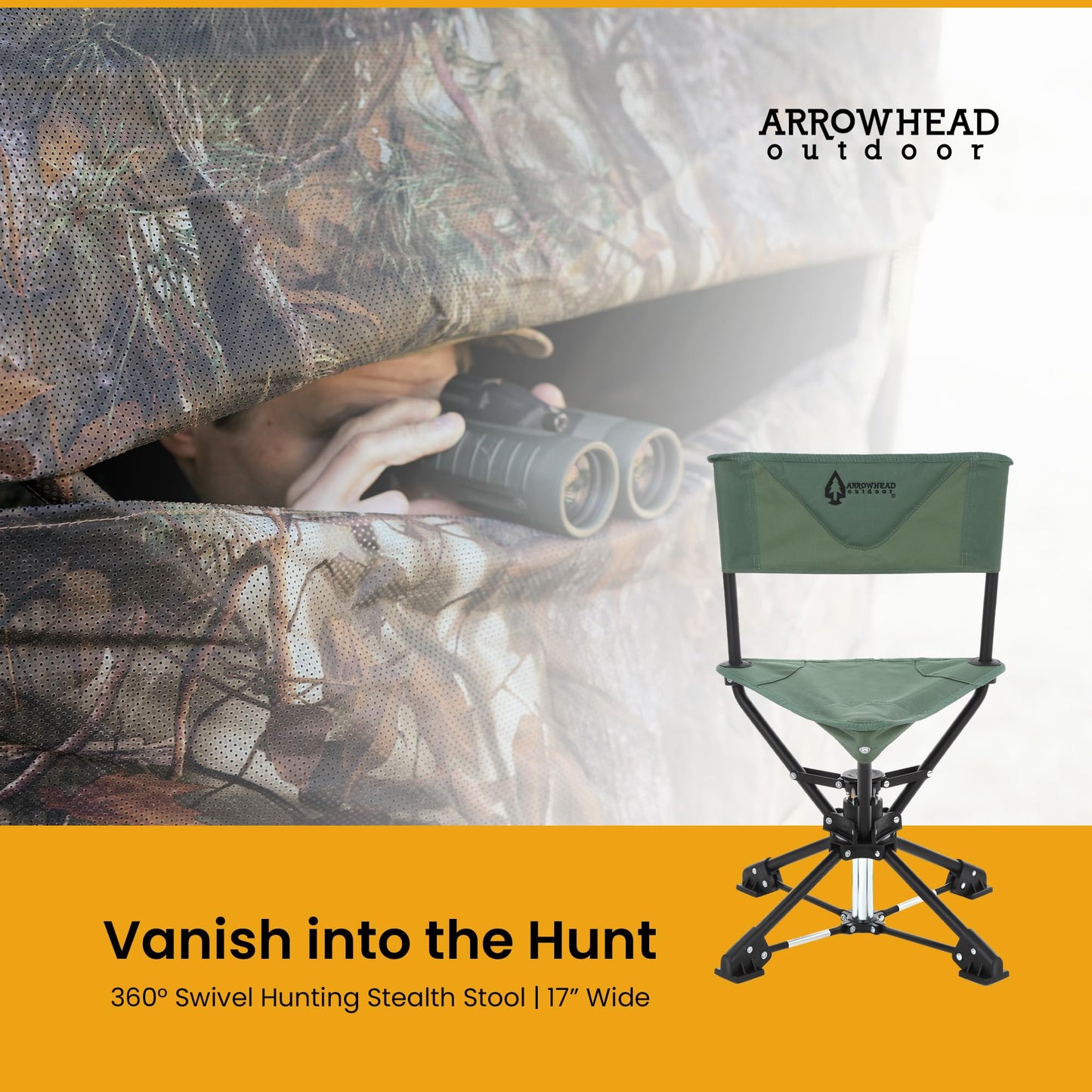 ARROWHEAD OUTDOOR 360° Degree Swivel Hunting Chair Stool Seat, Perfect for Blinds, No Sink Feet, Supports up to 450lbs, Carrying Case, Steel Frame, Fishing, High-Grade 600D Canvas