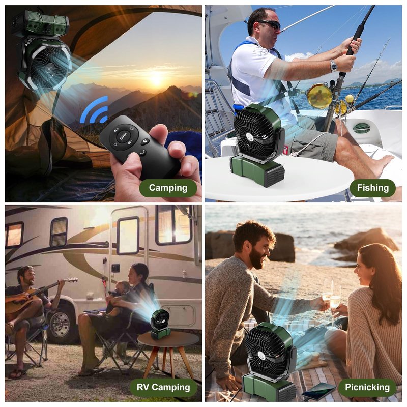 Odoland 40000mAh Camping Fan with LED Light, Battery Operated Oscillating Desk Fan with Remote & Hook, Rechargeable Outdoor Tent Fan with Timer for Hurricane Power Outage Travel Jobsite RV, Green
