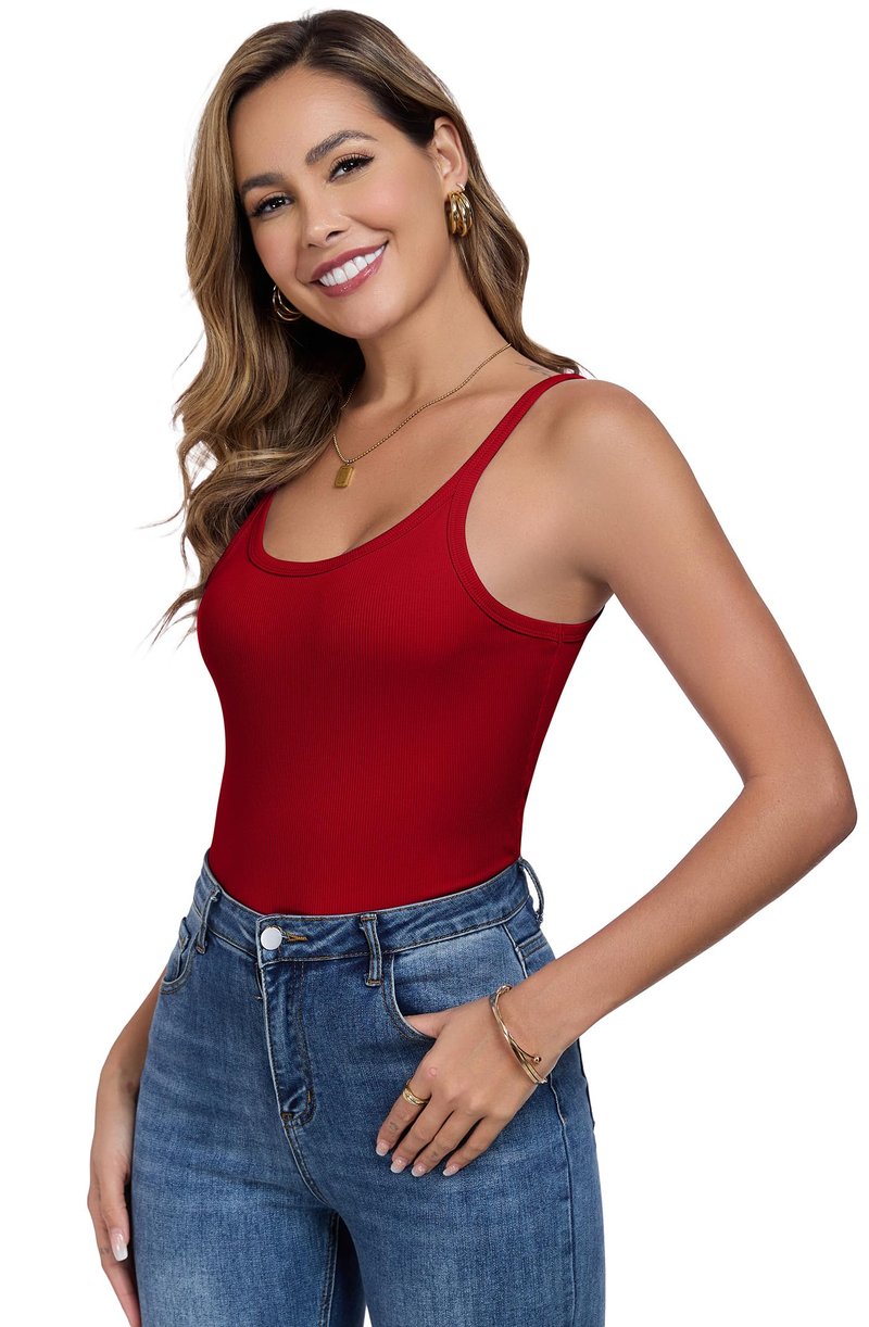 Summer Womens Tank Tops 2025 Scoop Neck Fitted Sleeveless Shirts for Women Ribbed Basic Top Dark Red Large