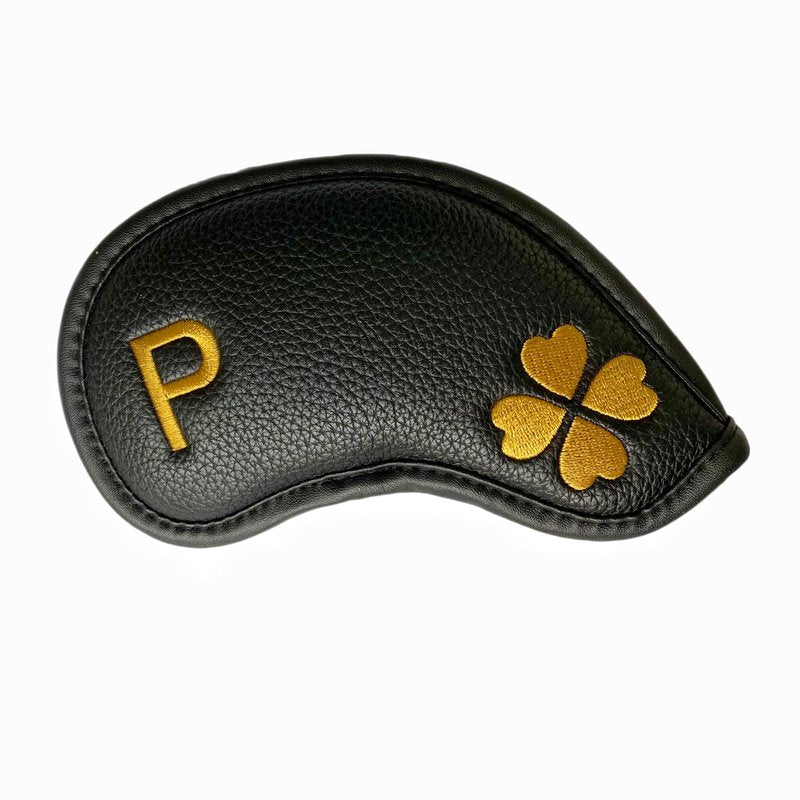 10pcs Golf Iron Covers 4 Leaf Clover Golf Iron Head Covers Synthetic Leather Golf Iron Covers Set Iron Headcovers Golf Club Head Covers for Iron Wedges fits for All Brand (Gold Clover-Black Base)