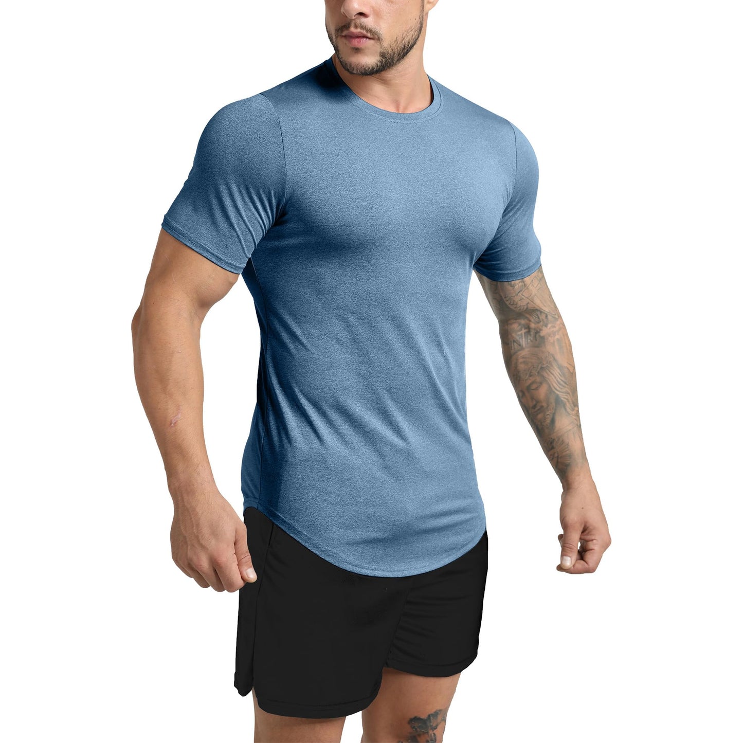 GYM REVOLUTION Men's Workout Gym Hipster Curved Hem Muscle Fitness Hip Hop T Shirts Blue L