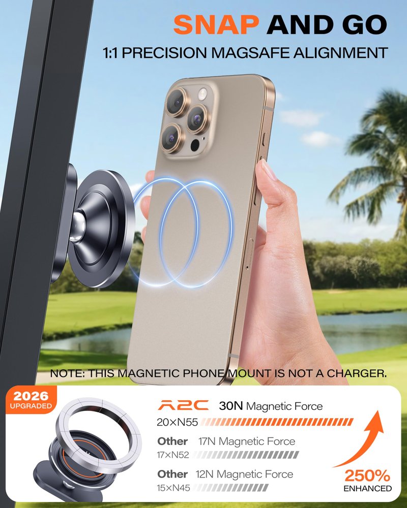 A2C Alloy Magnetic Golf Cart Phone Holder for MagSafe iPhone, Unique Fathers Day Golf Gifts for Men Dad Him Husband Ladies Her Golfers, Golf Accessories Essentials Gadgets Fits EZGO, Club Car, Yamaha