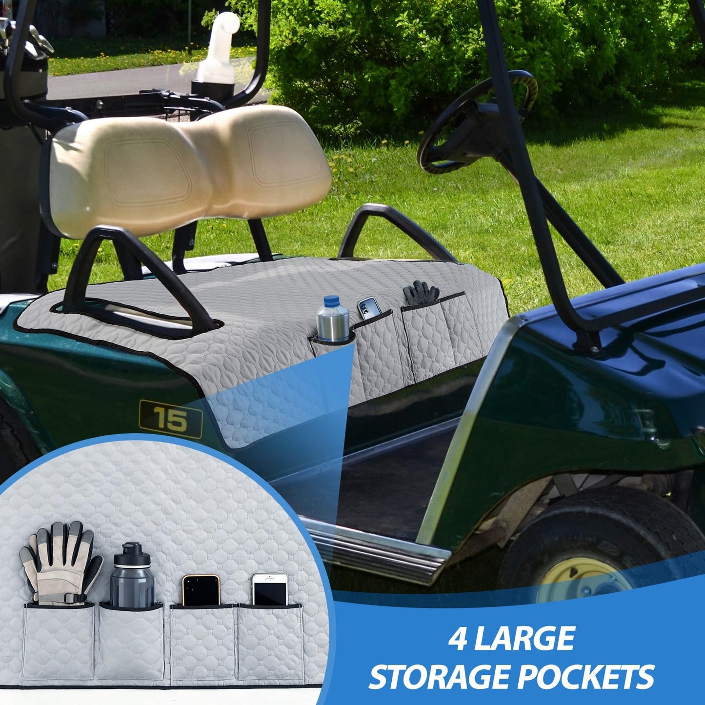 Gilprop 2 Pcs Grey Golf Cart Seat Covers, 51"x 31" Cool and Sweat Absorption Golf Cart Seat Towel Blanket with 4 Front Pockets & Nonskid Pocket and Nonskid Bottom for Home, Party