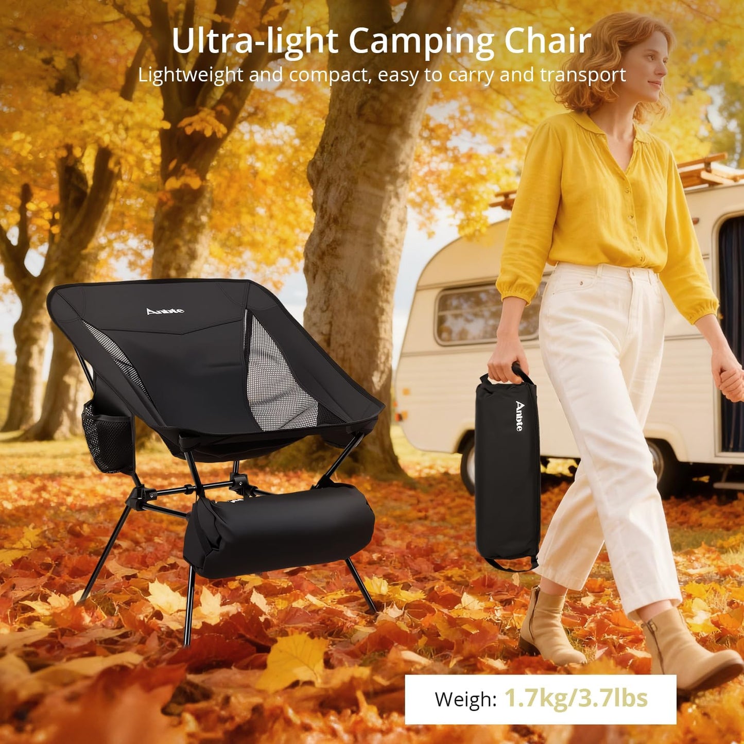 Anbte Extra Height & Width Portable Camping Chair, 400LBS Capacity Compact Folding Chair with Square Frame Quick Setup Storage Bags on Both Sides, Ideal for Camping Hiking Beach Picnic Outdoor, Black