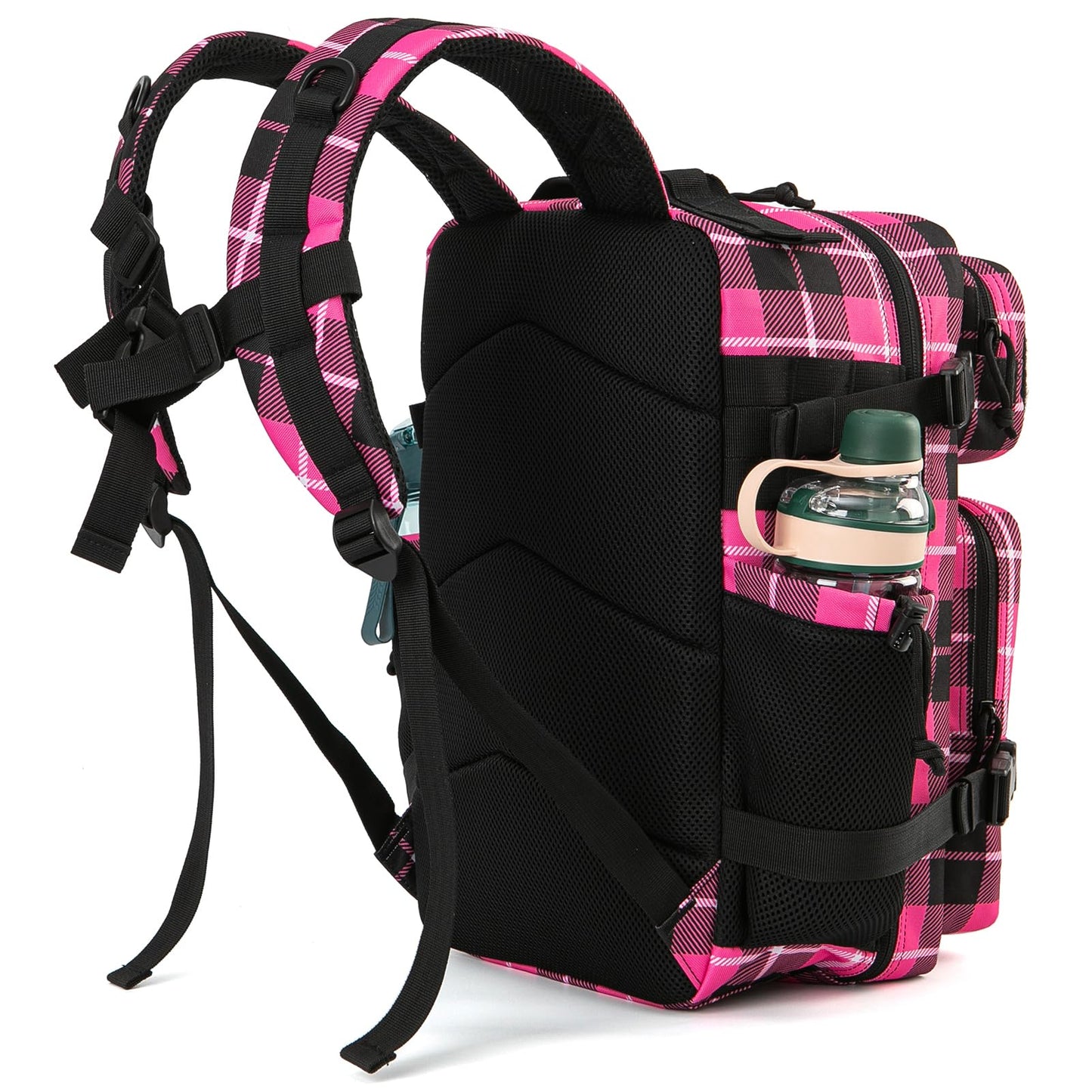 QT&QY 25L Military Tactical Backpacks For Women Survival Army Laser cut Molle Daypack small EDC Bug Out Bag Gym Rucksack With Dual Cup Holders medical Rucksack Rose Plaid