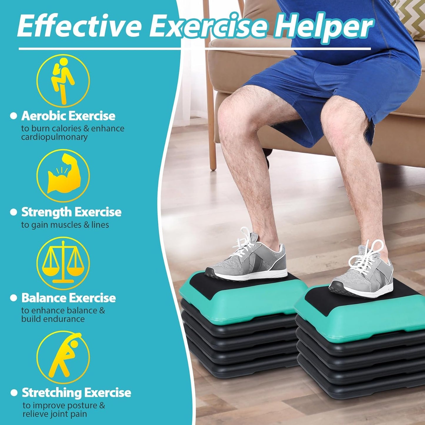 Aerobic Step Exercise Platform | Adjustable Height 4"-12" with 4 Risers - 16" x 16" Home Gym Equipment