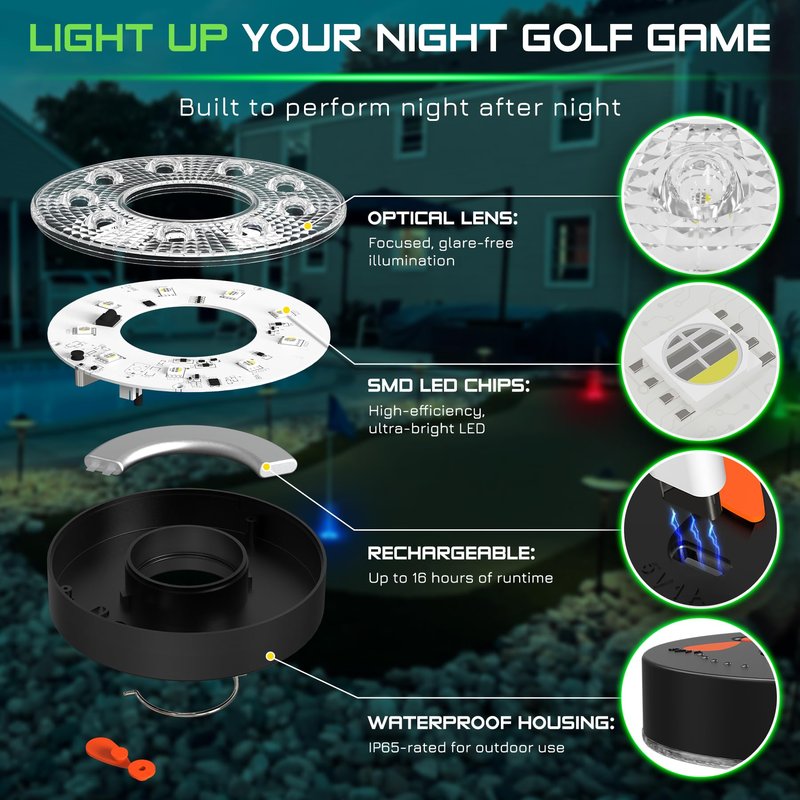 KINGTOP Rechargeable LED Golf Hole Light - Waterproof, Focused Illumination Lens, Remote-Controller, Perfect for Backyard Night Golf Practice Putting Green, Camping, Outdoor Party, O-4Pack