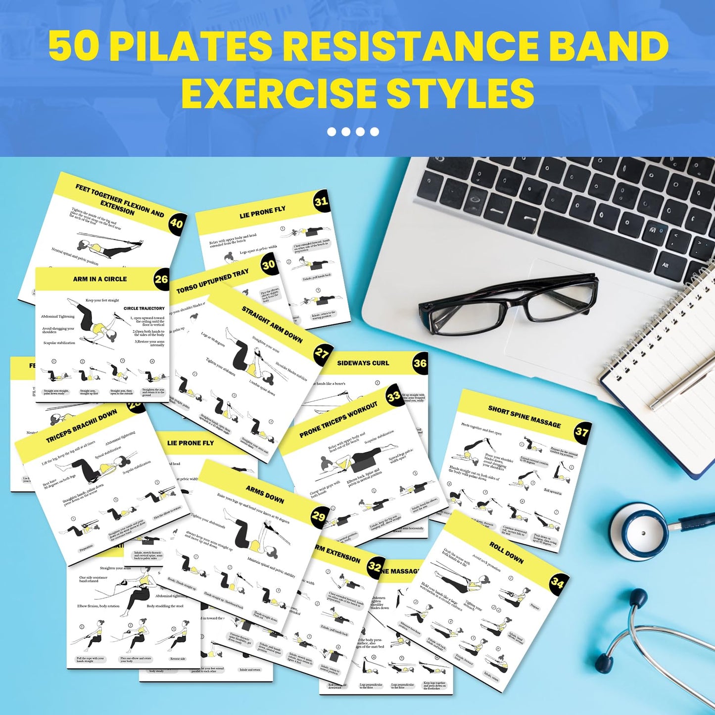 WOOTMIN Pilates Workout Cards - Your Ultimate Guide to Pilates Resistance Band Training at Home. Fitness Card Pack for Beginners, Includes Comprehensive Workout Routines.