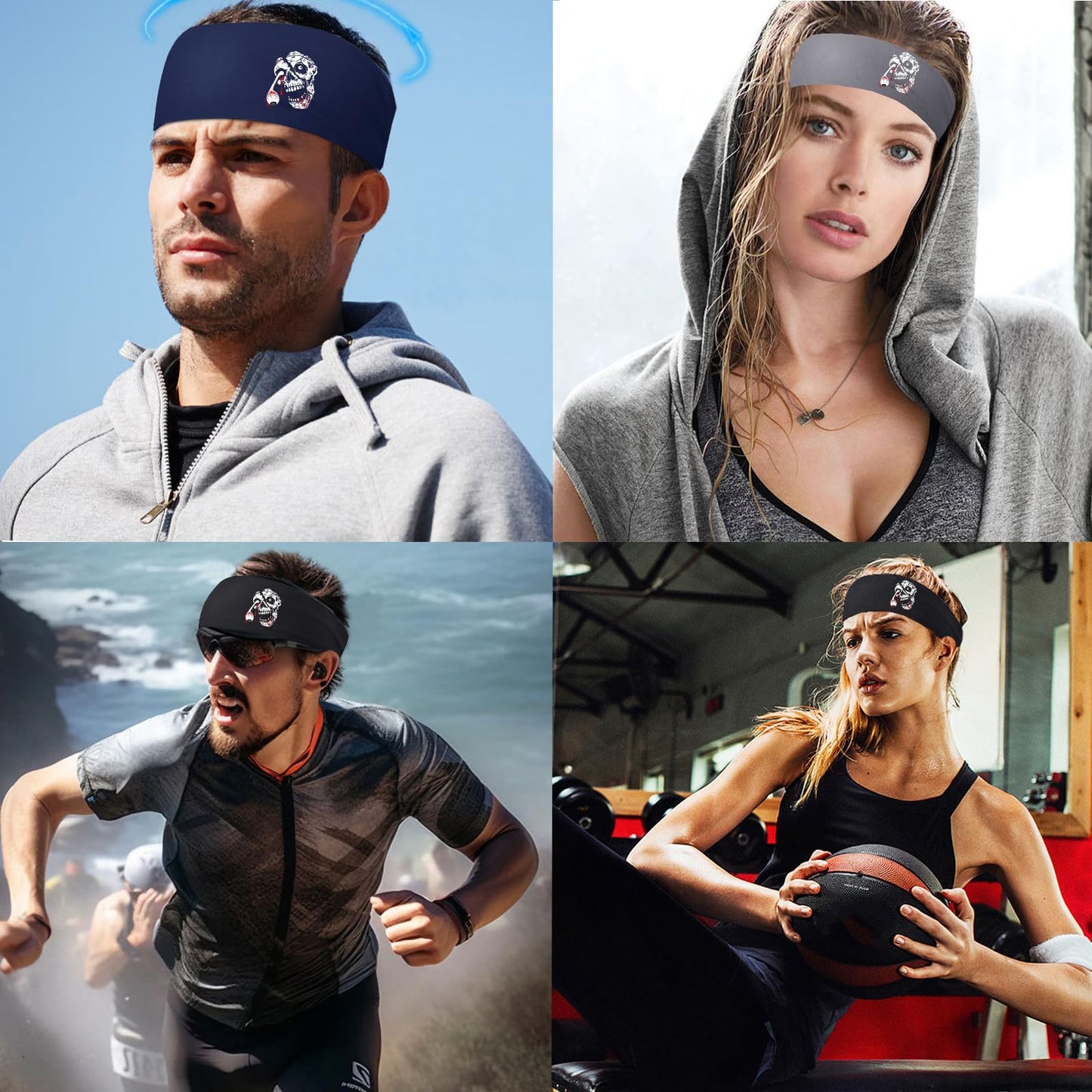 Sweat Band Headbands Men 3 Pcs Sport Sweatbands Headbands for Men Women Skull Workout Cooling Headband Mens Running Headband Head Band Mens Stretchy Hairband Gym Yoga Tennis Athletic