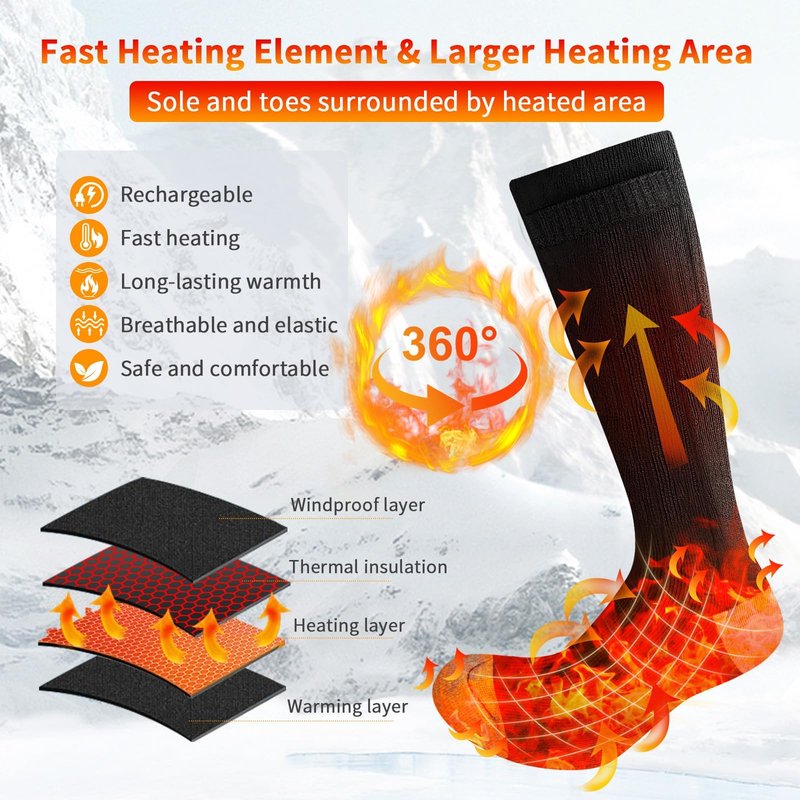 Orznez Heated Socks for Men Women,Rechargeable Heated Socks 3 Heating Levels with 4000mAh*2 Battery,Electric Socks Thermal Foot Warmer Socks for Winter Outdoor Sports, Camping, Hunting, Hiking