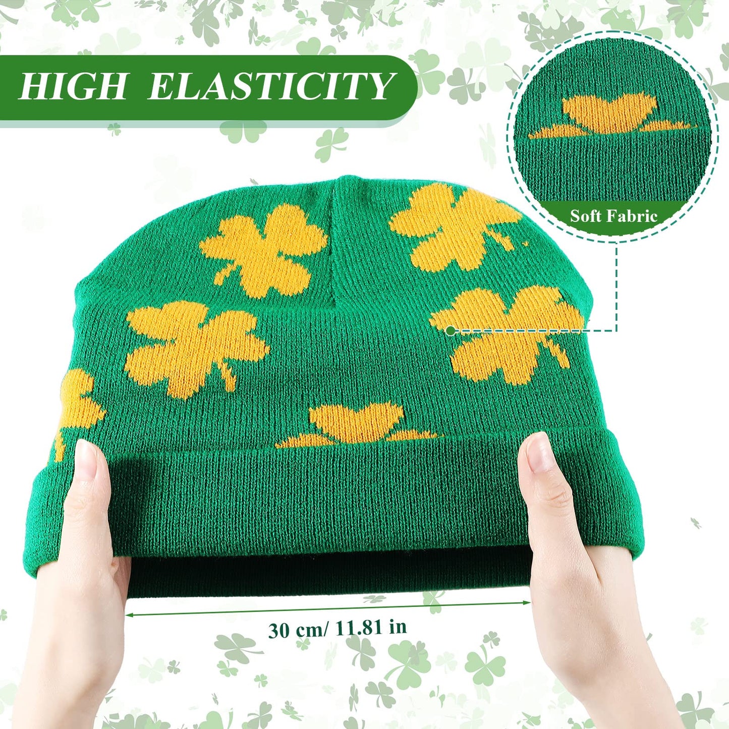 Vicenpal 3 Pcs St Patrick's Day Beanie Shamrock Winter Hat St Patricks Day Accessories Green Lucky Irish Shamrock Hat for Woman And Man