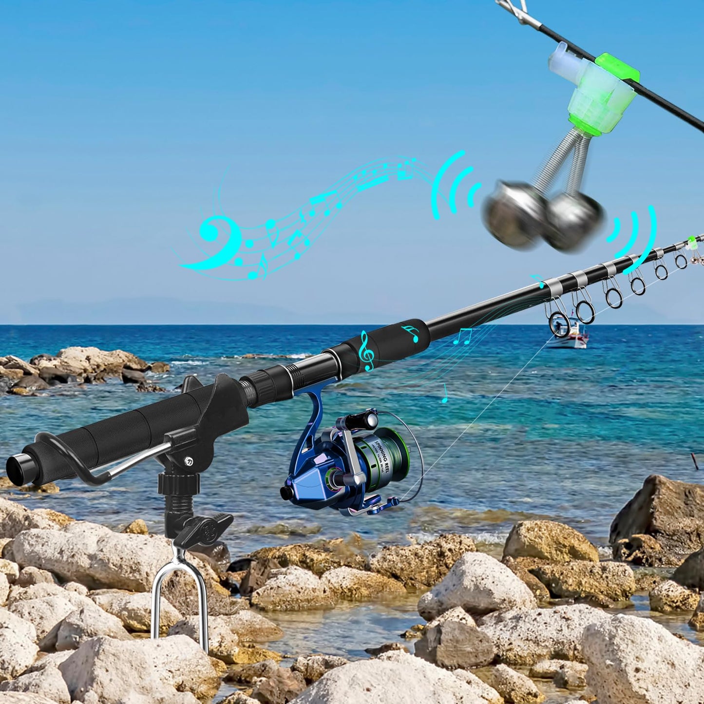 2 Pack Aluminum Bank Fishing Rod Holder with 10 Fishing Bells