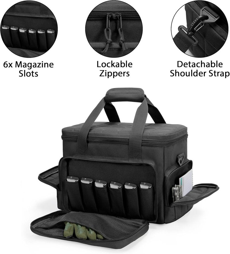 Gun Range Bag for 4 Handguns & Ammo - Tactical Pistol Case with 6 Magazine Slots | Padded Shoulder Strap, Durable Design