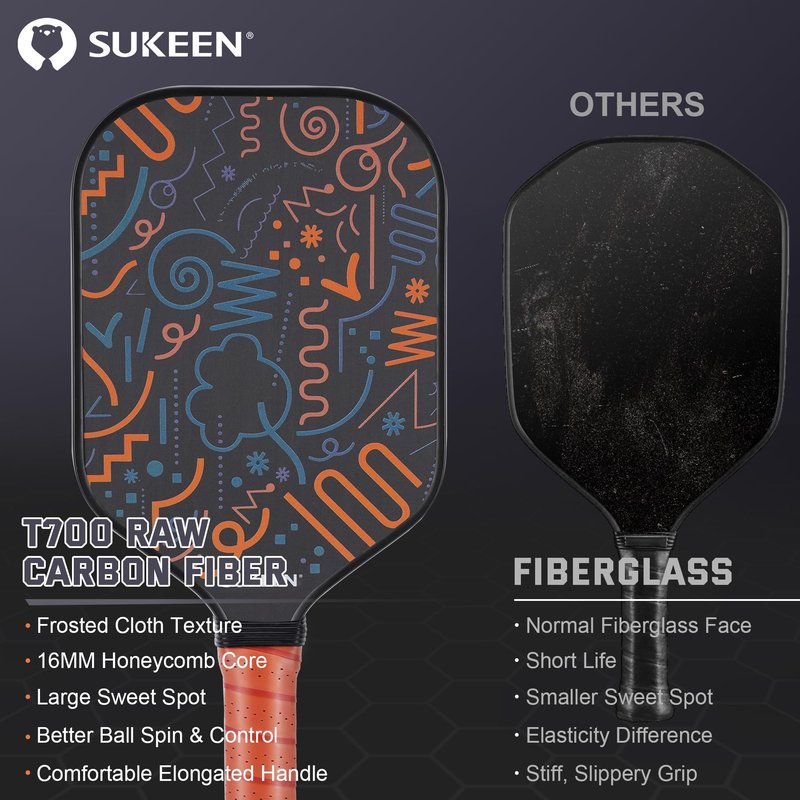 Sukeen T700 Carbon Fiber Pickleball Paddle, 16mm Pickleball Paddles with Great Grit & Spin, Pickleball Paddles Carbon Fiber Surface, 5.5" Elongated Handle, Large Sweet Spot, 2 Pickleball Balls