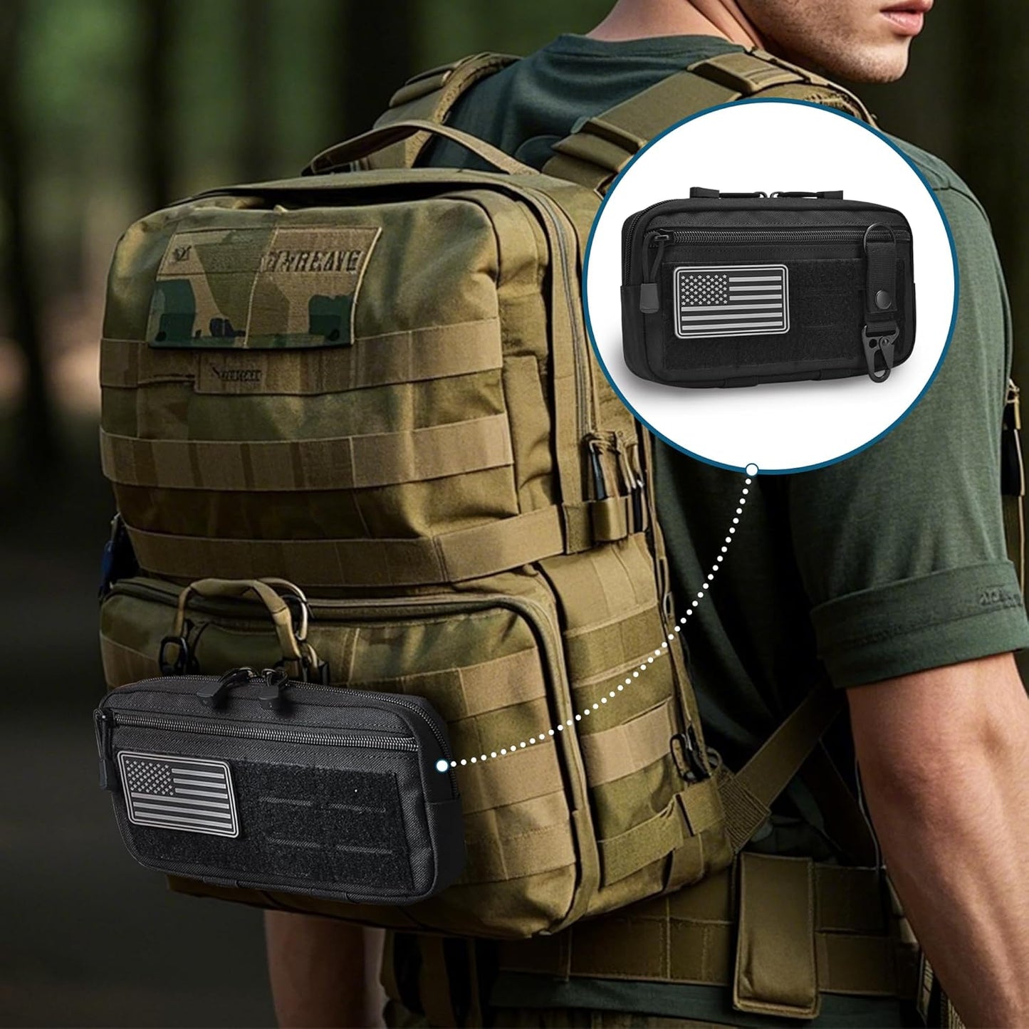 Tactical Molle Admin Pouch - Multi-Purpose Tool Bag for Backpacks & Vests | US Flag Patch & Keychain