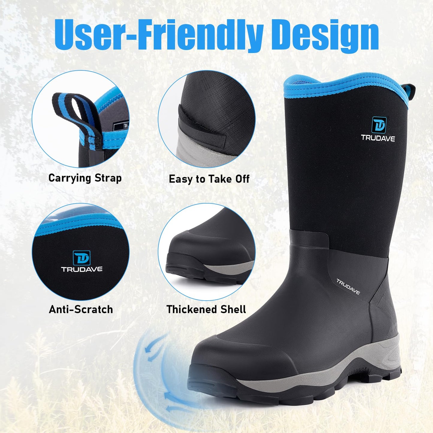 Trudave Rubber Boots for Men with Steel Shank, Waterproof Mid Calf Mens Rain Boots, 5.5mm Neoprene Insulated Mud Work Boots for Garde