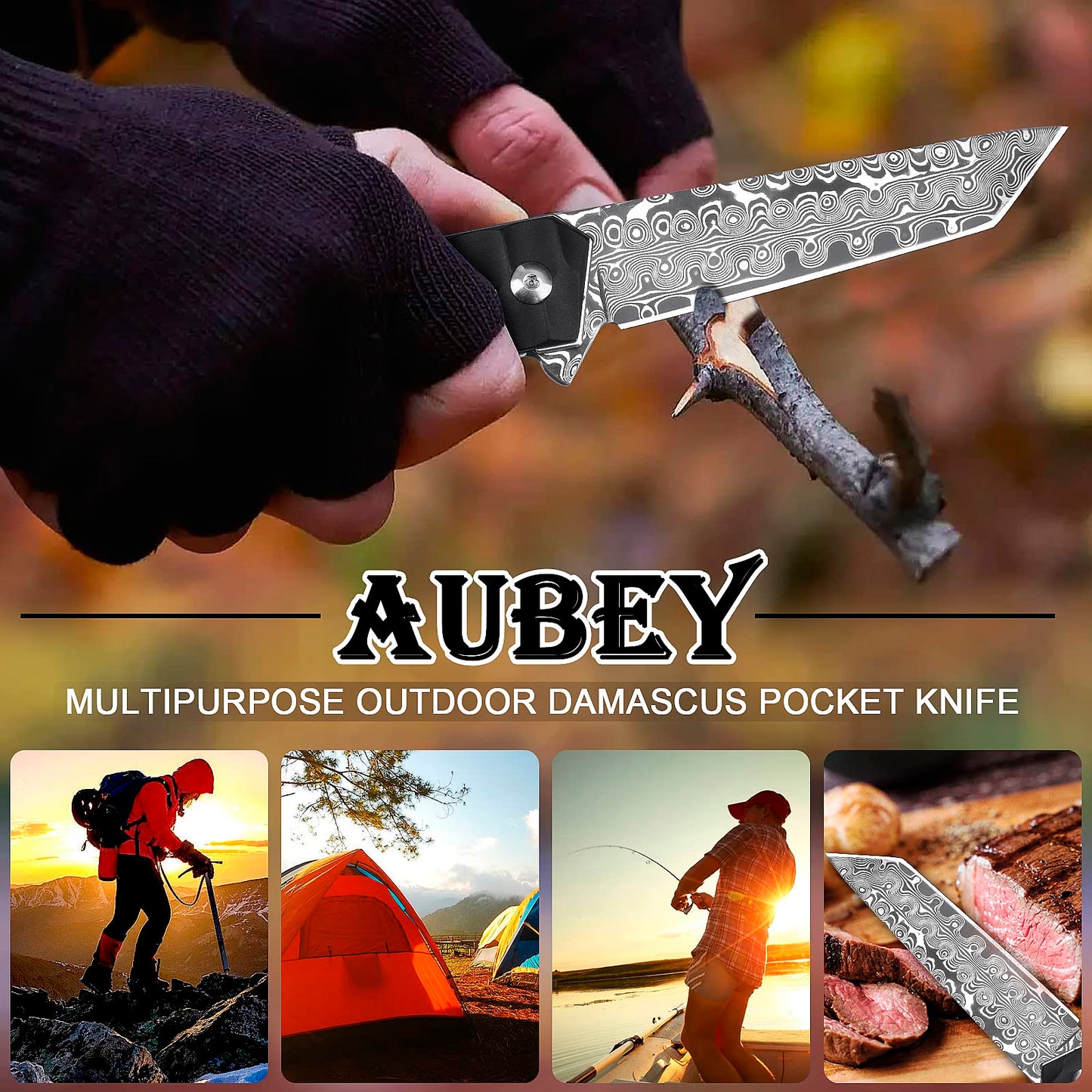 AUBEY Damascus Pocket Knife with Clip for Men Women- Tanto Blade Damascus Steel Folding Knives with Ball Bearing, Aluminum Non-Slip Handle and Glass Breaker, EDC Damascus Knife for Camping & Gift (Black)