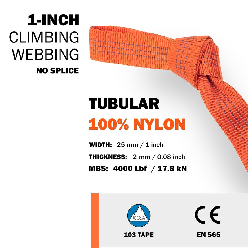 GM CLIMBING 1 inch Nylon Tubular Webbing Tape CE UIAA Certified 4000lb Heavy Duty for Climbing Rescue Rope Works Survival Outdoor General Purposes 1" x 30Ft / 10 Yards Orange