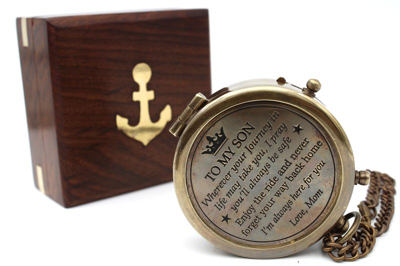 US HANDICRAFTS Brass Compass with Wooden Case | Portable Engraved Compass from Mom to Son | Graduation Gift, Birthday, Inspirational Travel Keepsake, Antique Pocket Compass