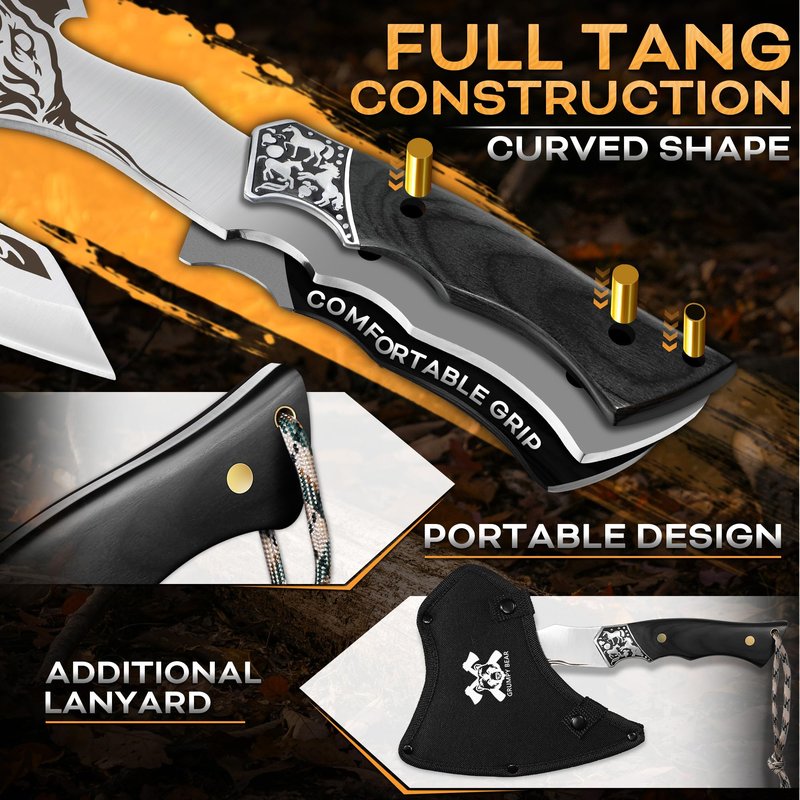 Grumpy Bear Tactical Axe, Camping Survival Hatchet, Full Tang Tomahawk with Sheath, Multifunctional Outdoor Hiking Heavy Duty Hatchet for Emergency, Hiking and Camping, for Men Women