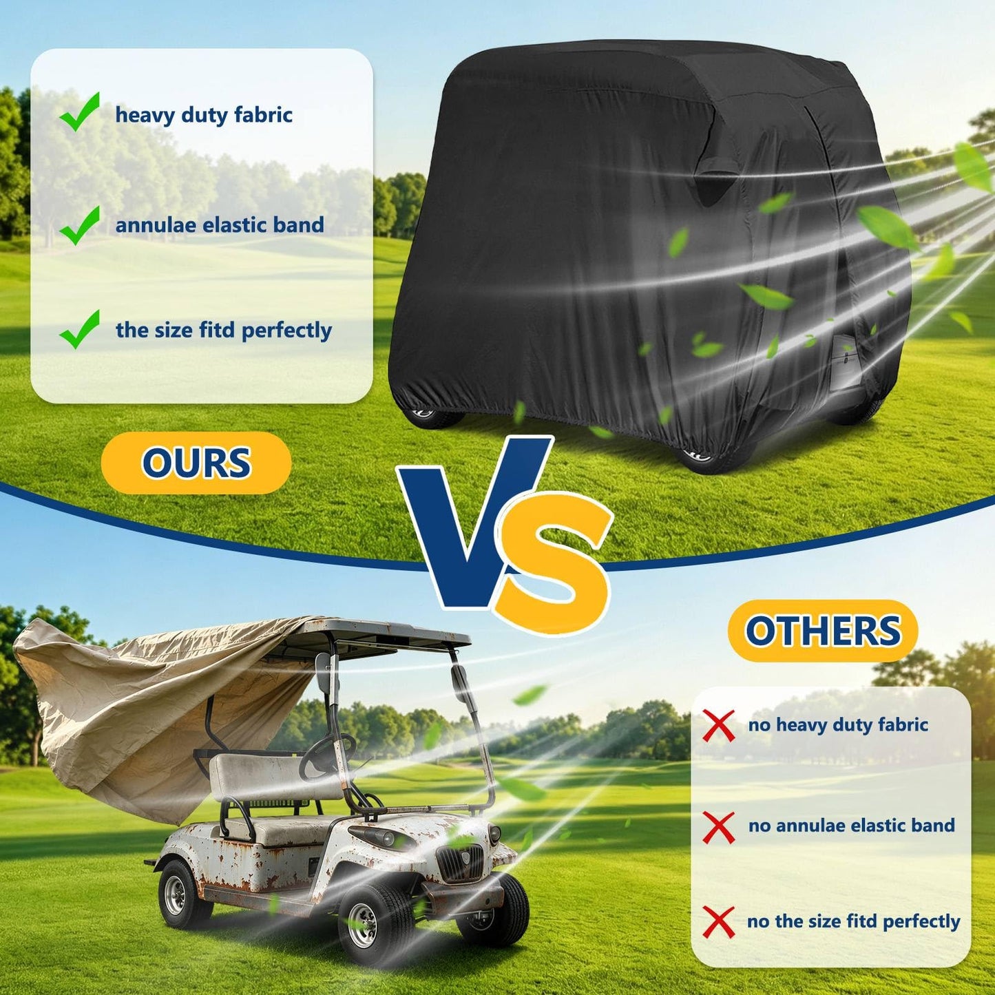 【2022 Upgraded】 2 Passenger Outdoor Golf Cart Cover Compatible with EZ GO, Club Car, Yamaha, Movaland Custom Cart Cover with 300D Material + Extra PVC Coating Waterproof Dust Prevention (Grey)