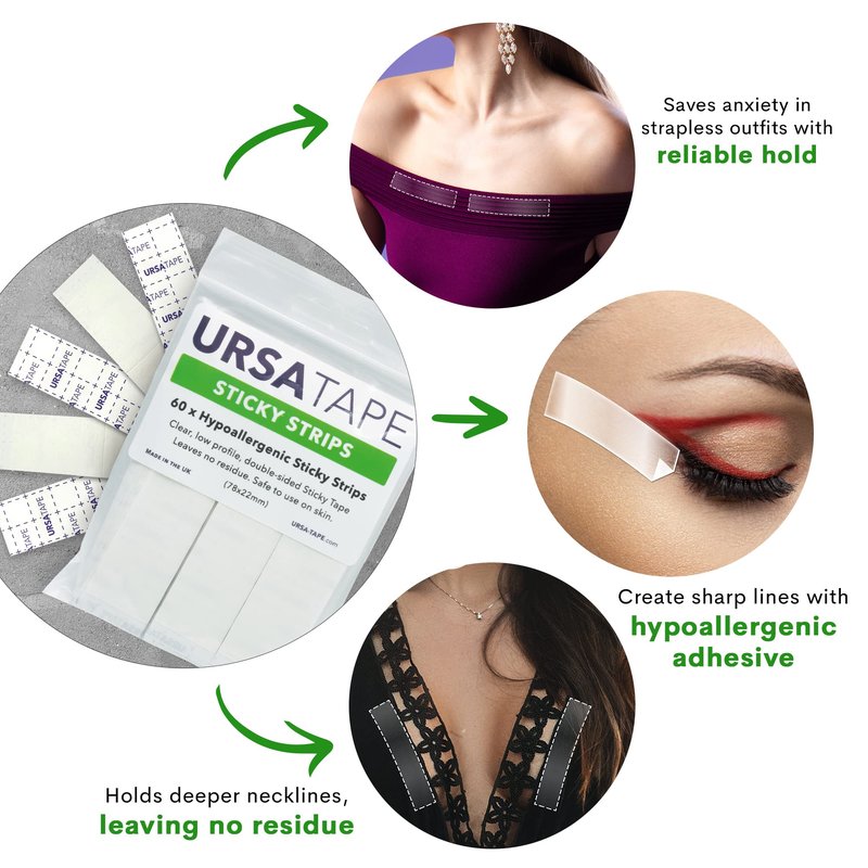 URSA Sticky Strips - Pack of 60 | Clear Double Sided Tapes for Clothes | No-Residue Fashion Tape for Wigs, Deep Necklines, Costumes & Shoes | Body Tape for Delicate Skin | Strong Cloth Adhesive