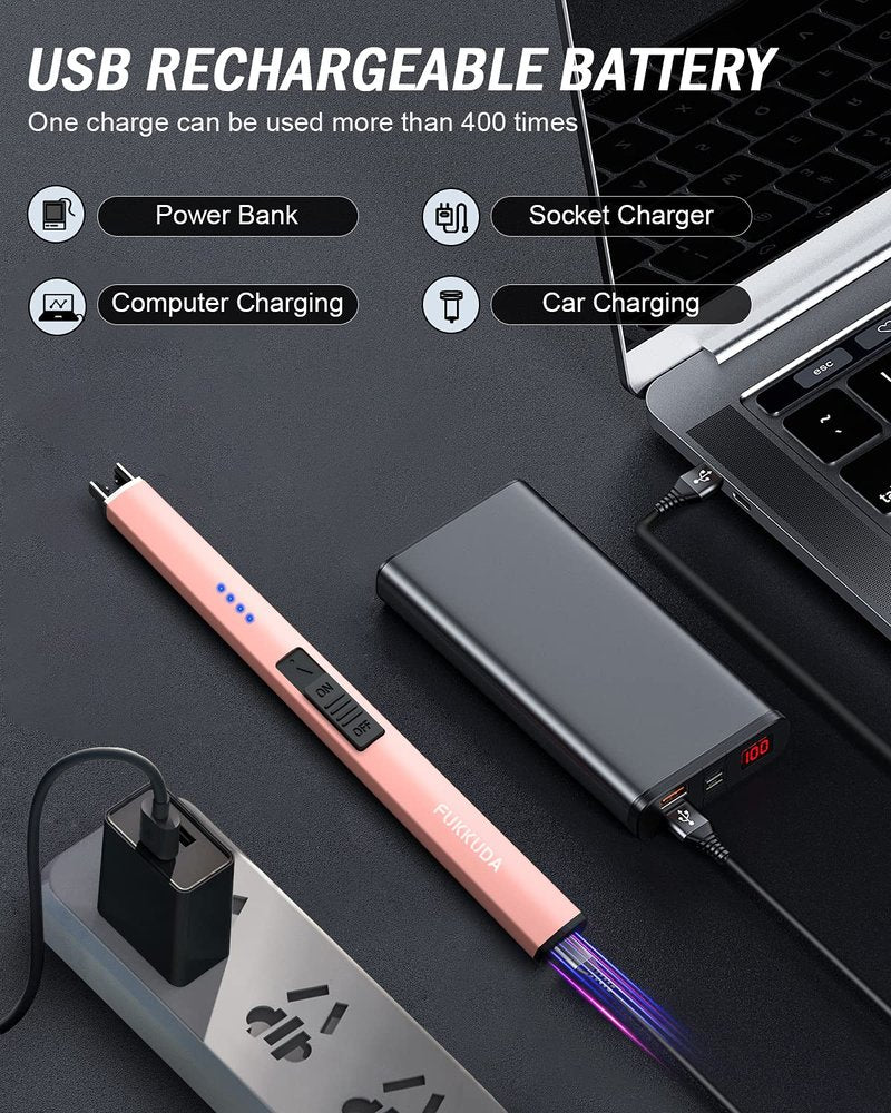 FUKKUDA Electric Candle Lighter with Gift Box - USB Rechargeable Windproof & Flameless Plasma Arc Lighter for Candles, Bohemia Box Rose Gold