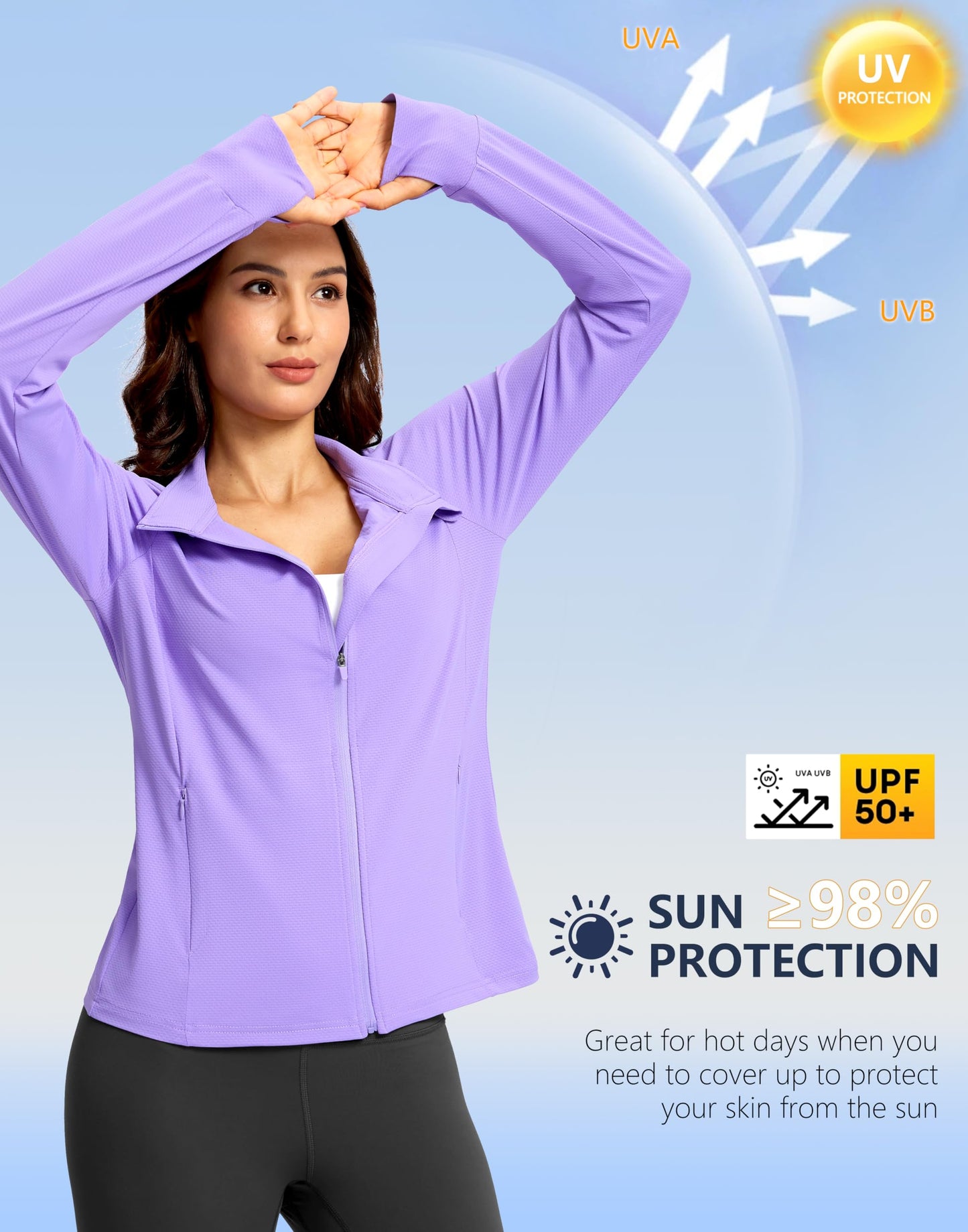 G Gradual Women's UPF 50+ Lightweight Athletic Jacket Sun Protection Zip Up 4 Pockets Long Sleeve Shirts Workout Running, Purple, M