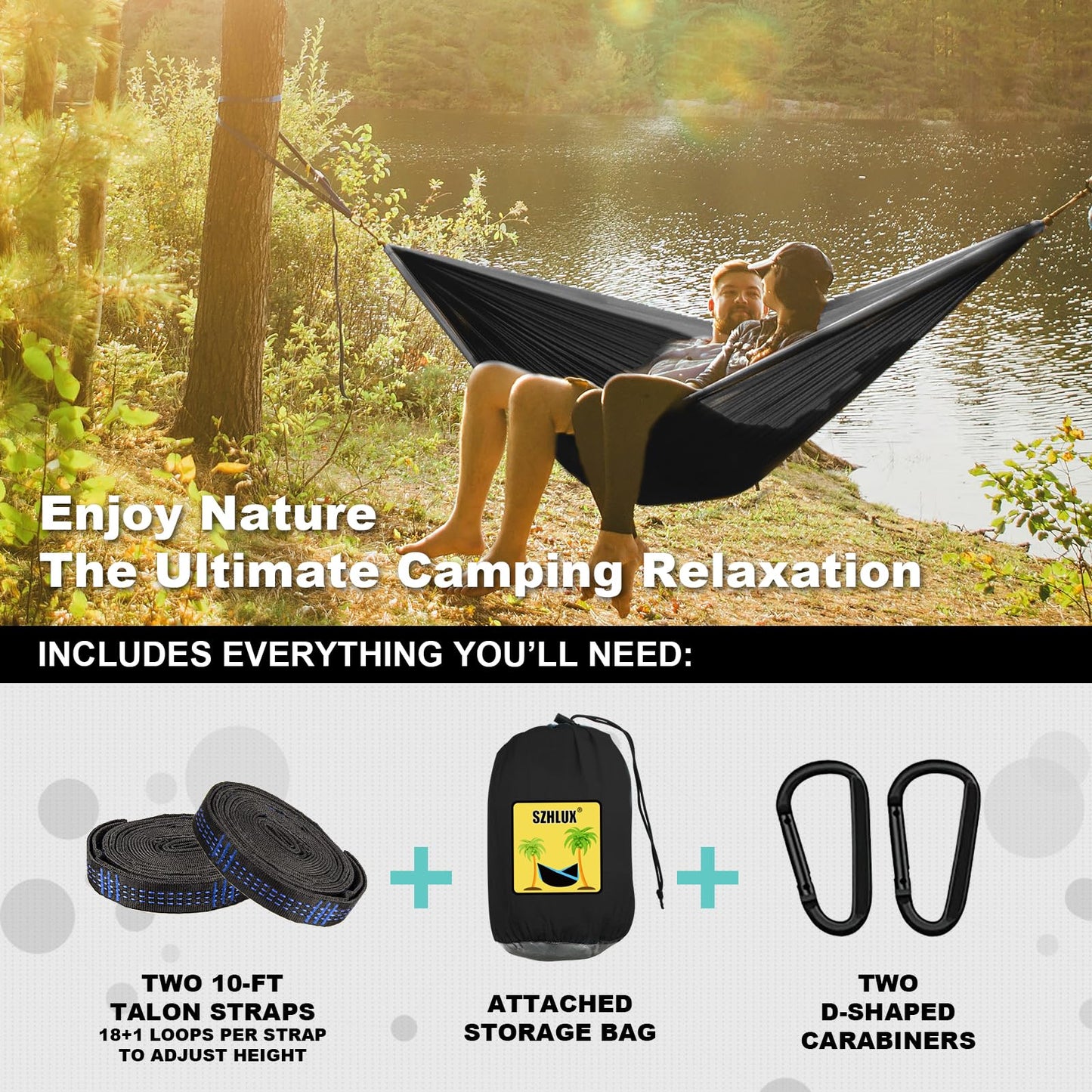 SZHLUX Camping Hammock Double & Single Portable Hammocks with 2 Tree Straps, Great for Hiking,Backpacking,Hunting,Outdoor,Beach,Camping