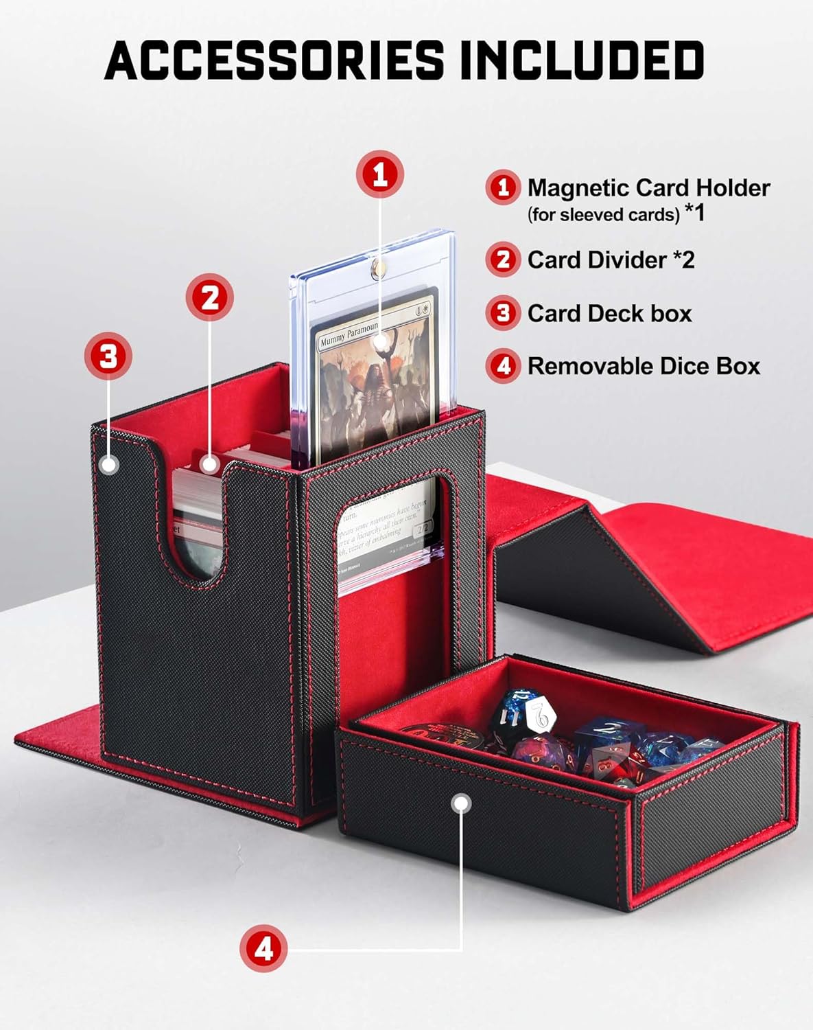 MTG Commander Deck Box - Holds 100 Double-Sleeved Cards with Dice Tray & Magnetic Card Holder | Black & Red
