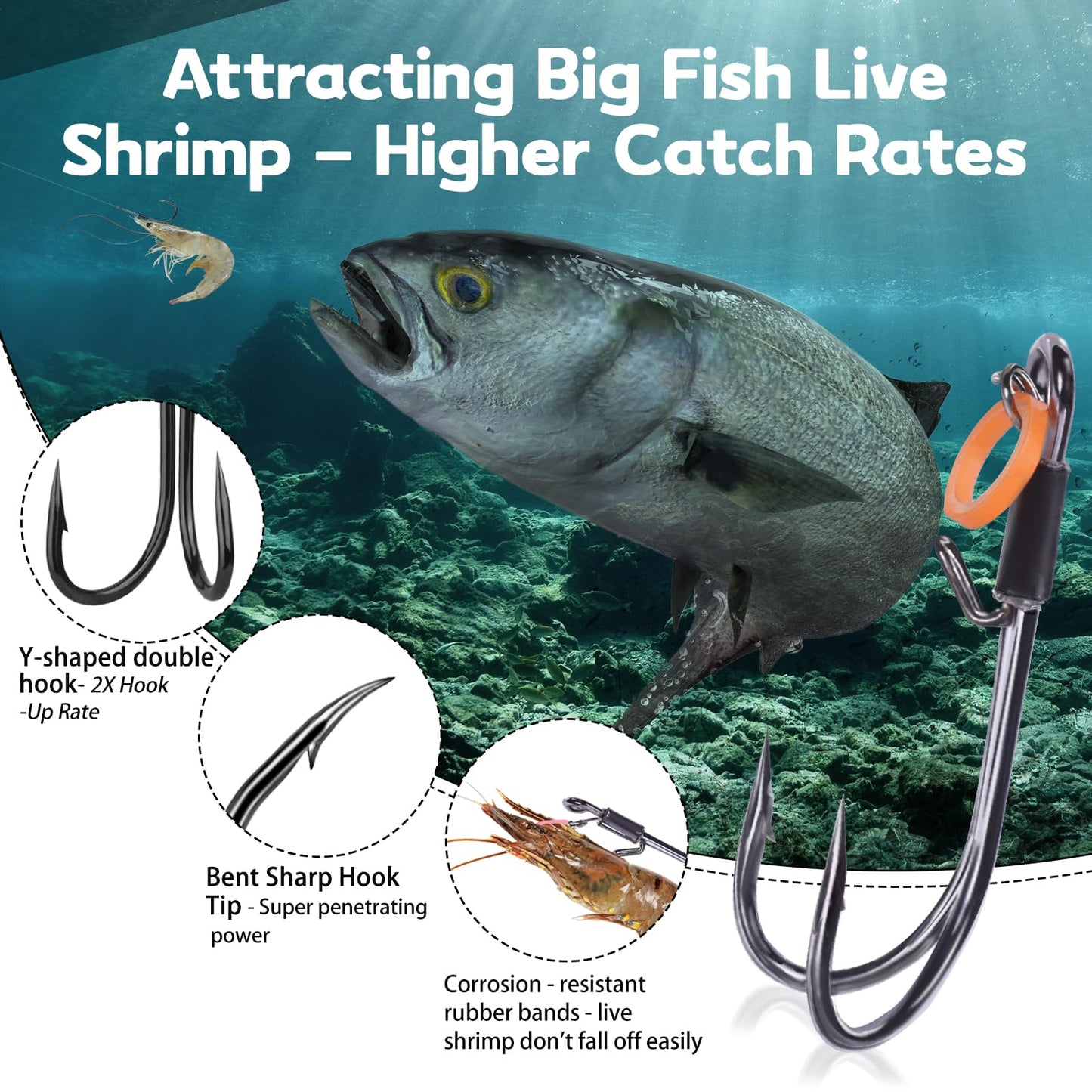 9KM DWLIFE Live Shrimp Fishing Hooks10Pcs Double Fishing Hooks Lure Magnetic Hooker Catfish Bass Hooks Fishing Lures Saltwater