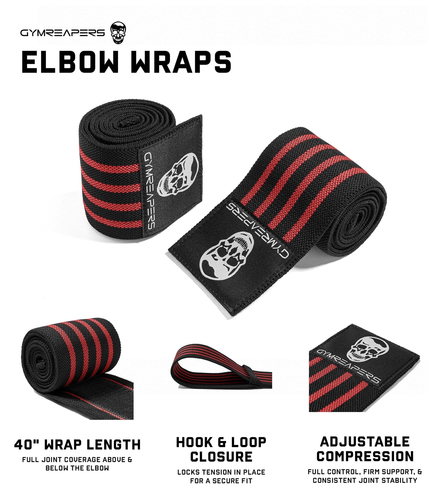 Gymreapers Weightlifting Elbow Wraps (1 Pair) - Flexible 40'' Elbow Compression Strap & Joint Support Brace - For Bench Press, Powerlifting, and Pressing (Red)