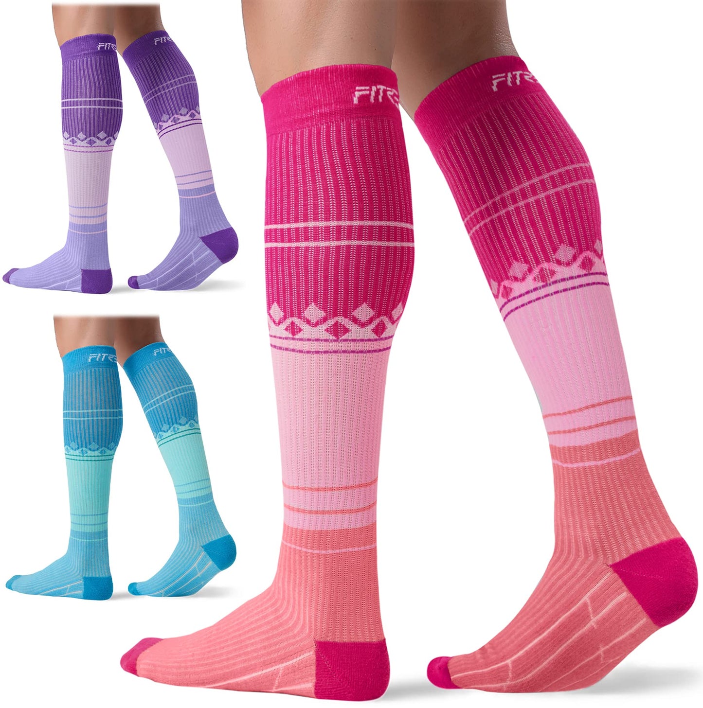 FITRELL 3 Pairs Compression Socks for Women and Men 15-20mmHg- Support Socks for Travel, Running, Nurse, Knee High, Pink+Purple+Blue S/M