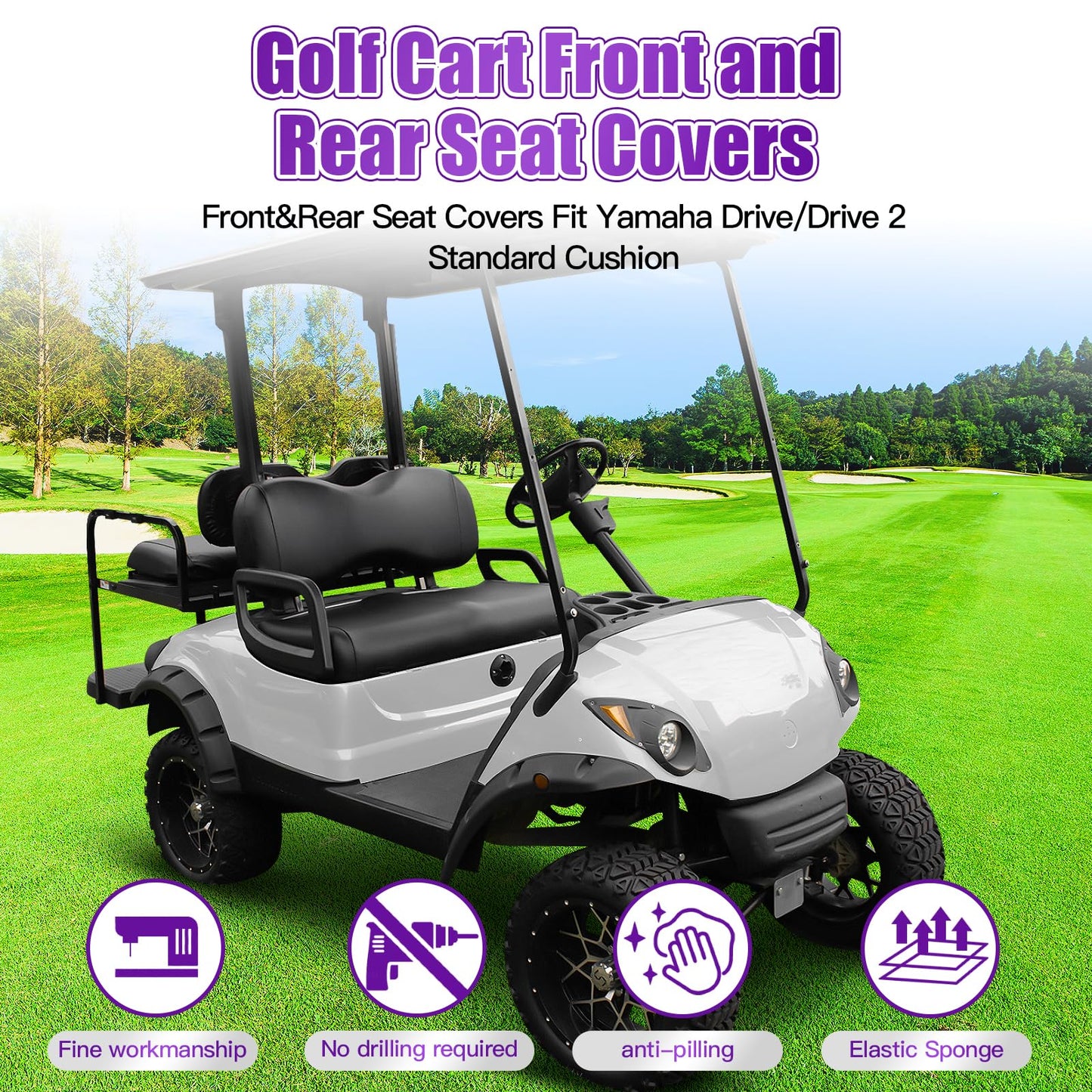 PZWLI 4PCS Golf Cart Seat Covers Kit,Front and Rear Seat Cover for Club Car Precedent Standard Cushion,Smooth and Simple Style, Waterproof Replacement Seat Cover(Black)