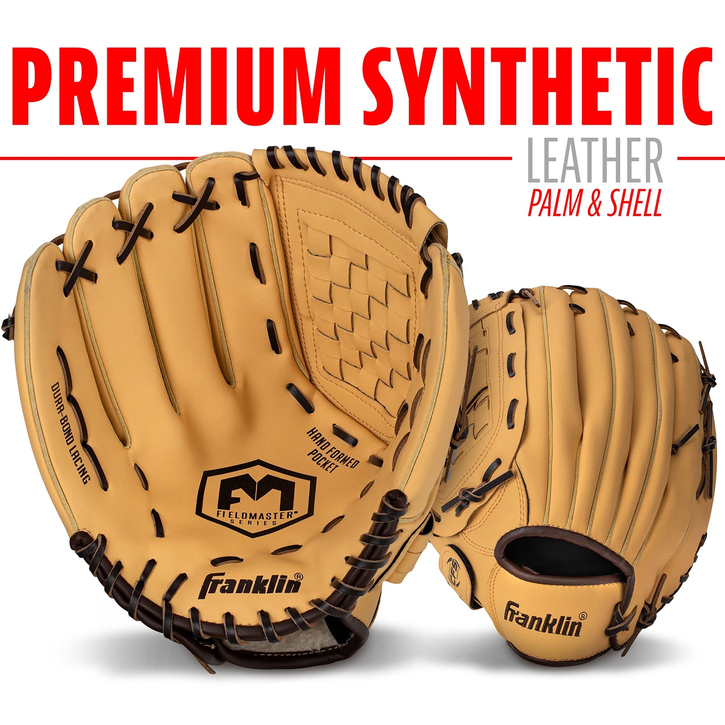 Franklin Sports Field Master Baseball and Softball Gloves for Adults, Youth, and Kids - Durable and Soft Synthetic Leather - Adjustable Fit - Left Hand Throw - 12.5" in. Outfield - Camel Brown