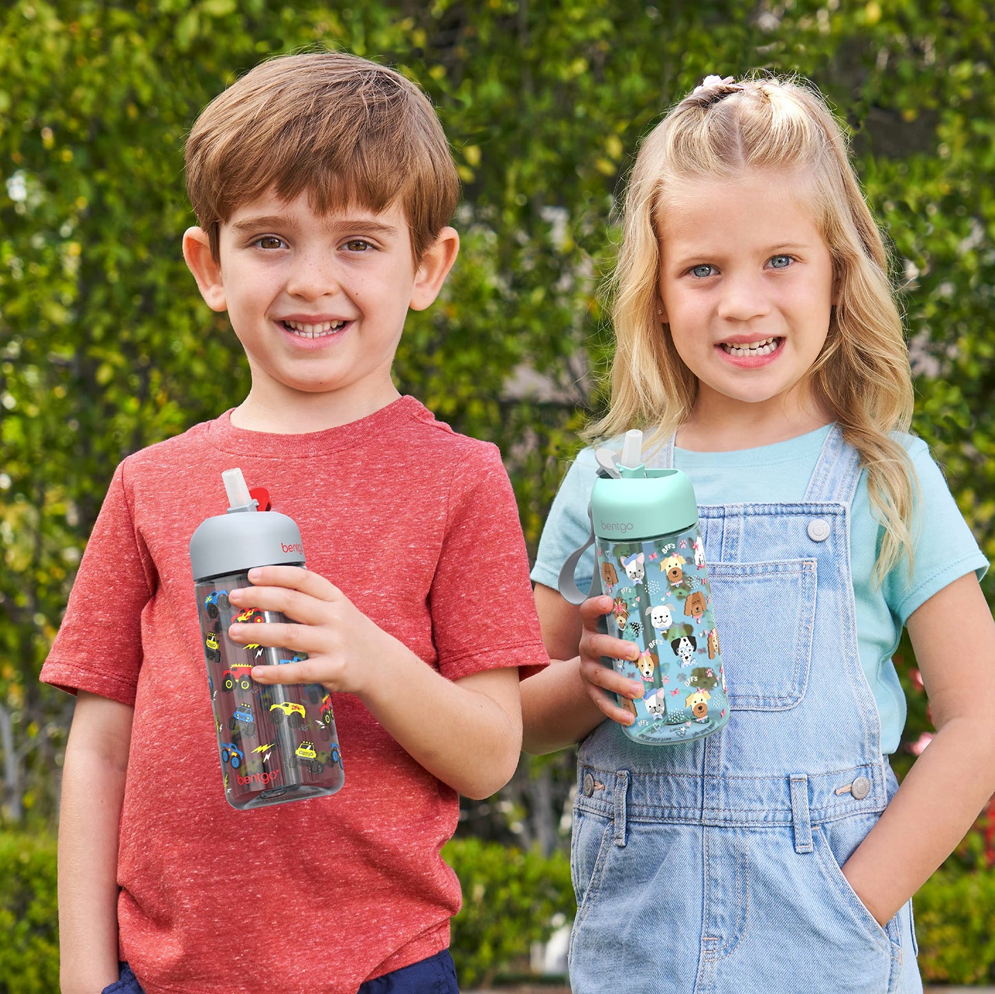 Bentgo® Kids Water Bottle - New & Improved 2023 Leak-Proof, BPA-Free 15 oz. Cup for Toddlers & Children - Flip-Up Safe-Sip Straw for School, Sports, Daycare, Camp & More (Trucks)