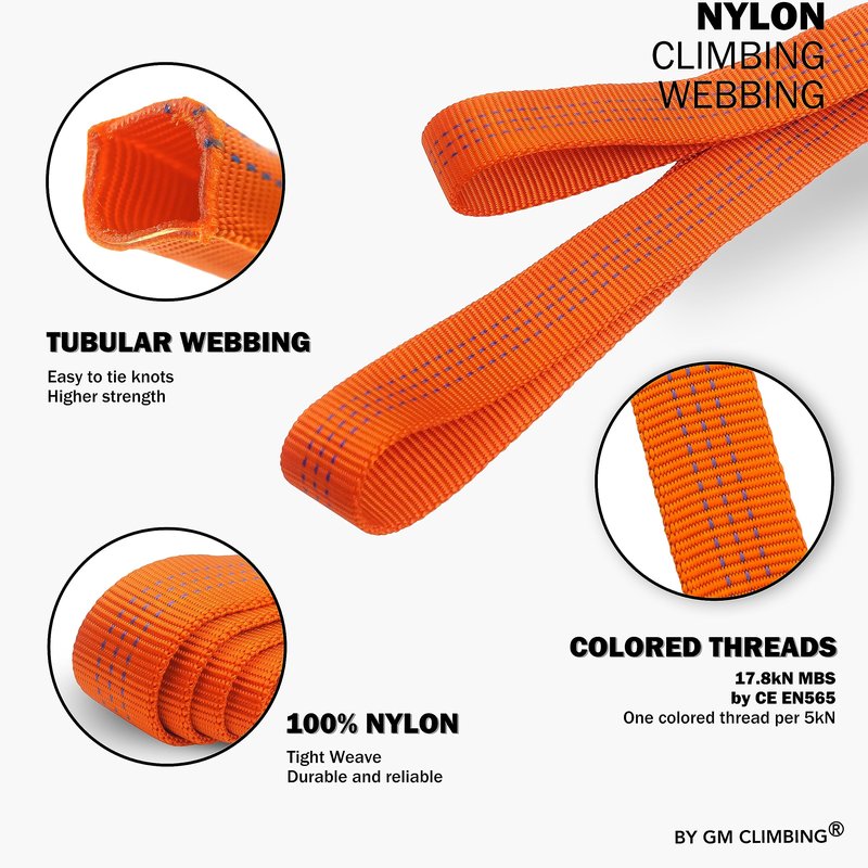GM CLIMBING 1 inch Nylon Tubular Webbing Tape CE UIAA Certified 4000lb Heavy Duty for Climbing Rescue Rope Works Survival Outdoor General Purposes 1" x 30Ft / 10 Yards Orange