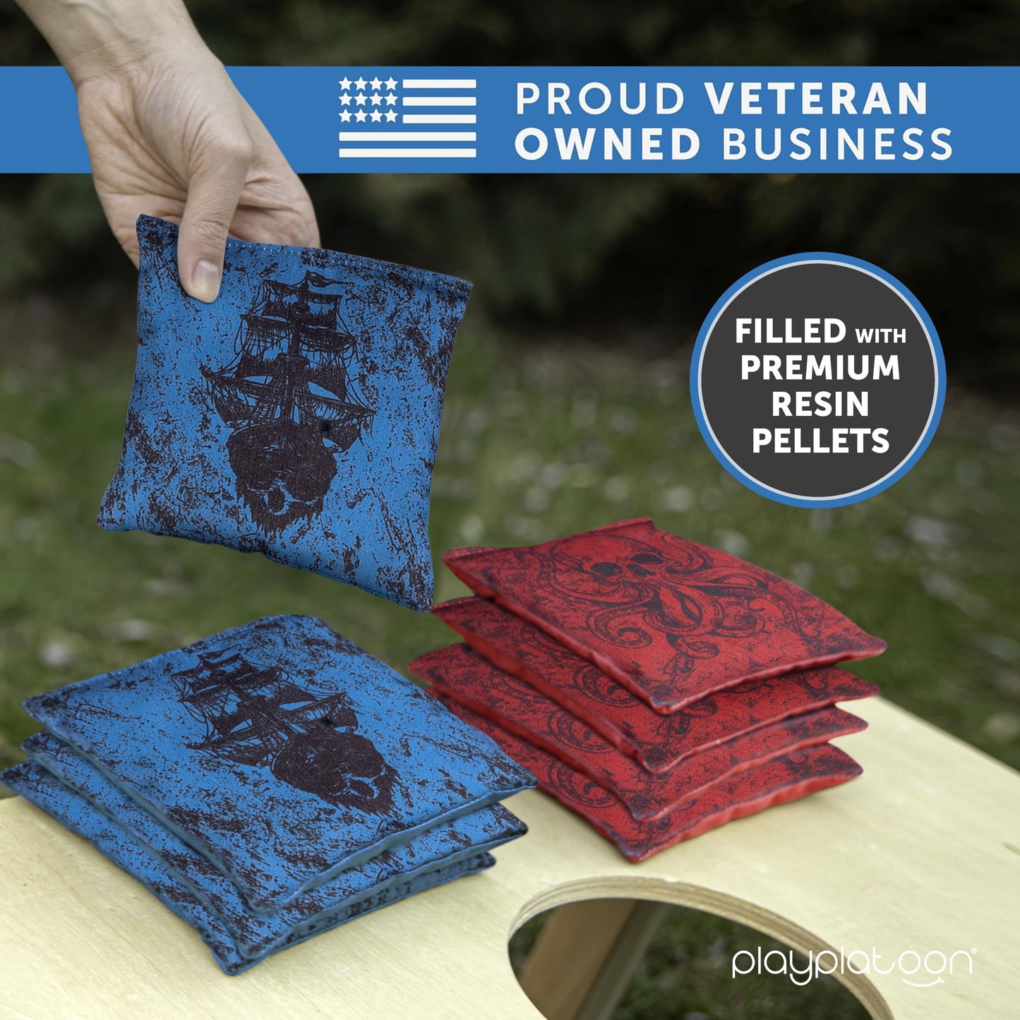 Play Platoon Professional Cornhole Bags Set of 8 - Regulation All Weather Double Sided Pro Corn Hole Bags - Sticky Side/Slick Side for Pro Cornhole Game - Red/Blue Kraken Pirate