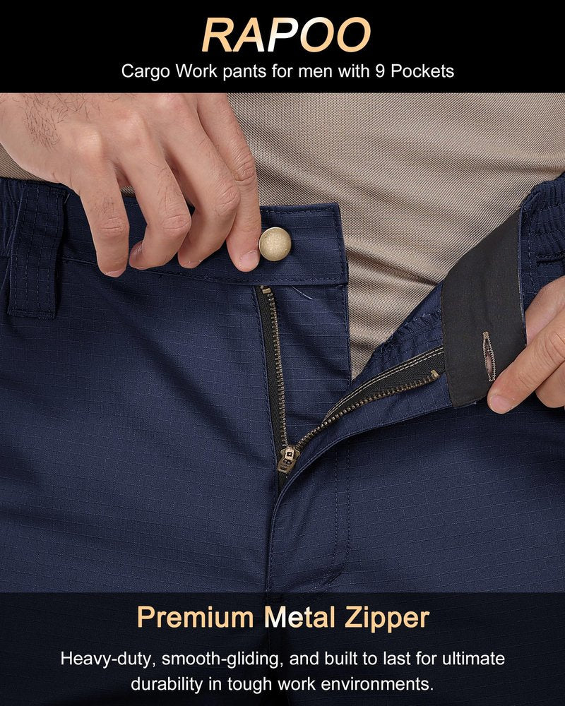 Rapoo Cargo Pants for Men Waterproof Hiking Work Tactical Military Army Pants for Men with Pockets Mens Ripstop Construction Carpenter Hunting Pants Outdoor Navy 34Wx32L