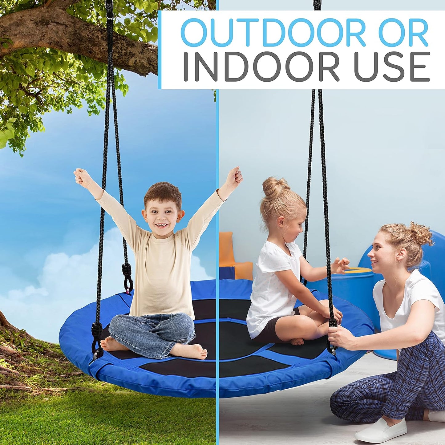 SereneLife Outdoor Tree Swing - 40” Saucer Swing with Adjustable Ropes & Center Swivel Spinner for Kids | Blue