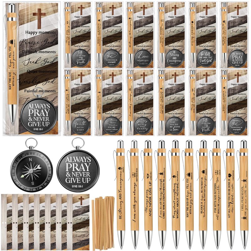 Spakon Christmas Christian Gifts Bulk Bible Verse Compass Pen Engraved Inspirational Compass with Religious Bookmarks Church Welcome Gifts for Men Women Christian Sunday School(30,Bamboo Pen)