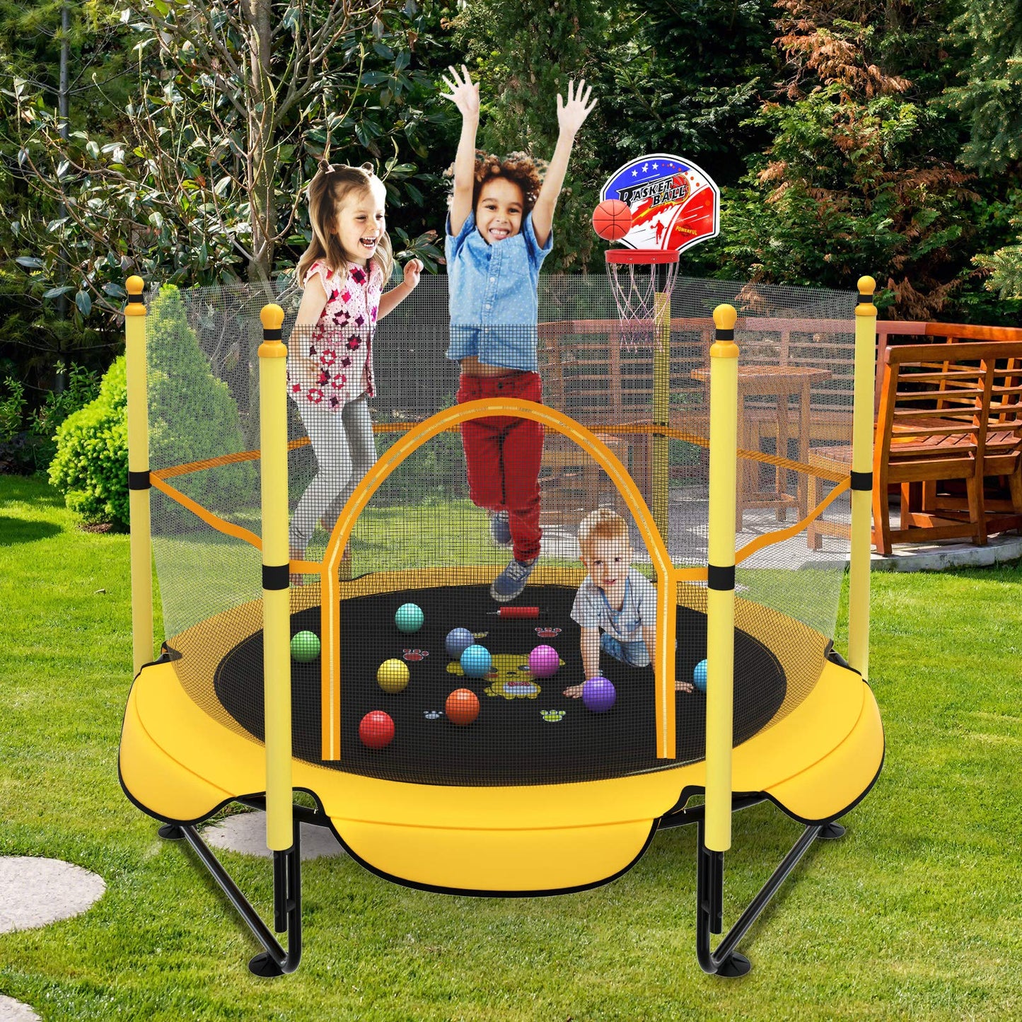 5FT Trampoline for Kids Toddler Indoor Trampoline with Safety Enclosure Net, Mini Basketball Hoop, Jumping Mat for Home Entertainment Equipment Outdoor Backyard Games (Yellow)