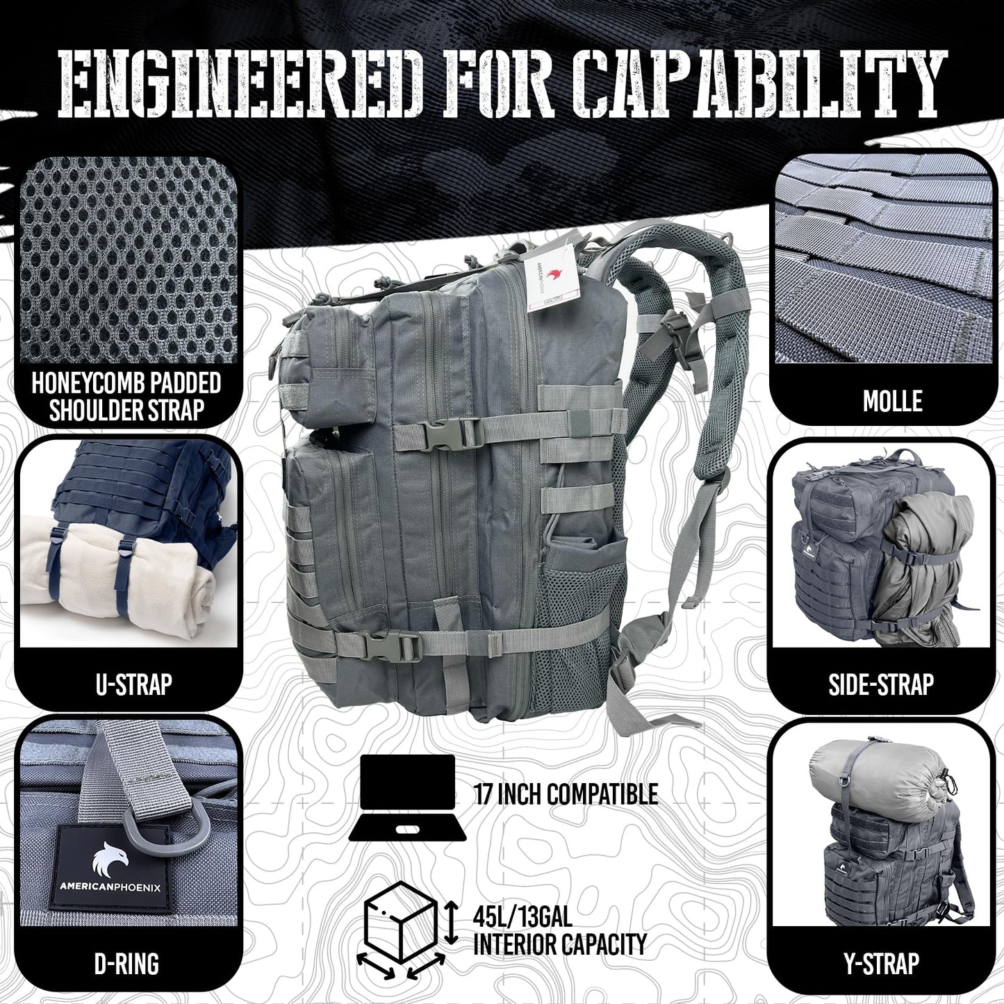 AMERICANPHOENIX 45L Elite Tactical Backpack | 3X Stronger Work & Military Backpack | Water Resistant and Heavy Duty | 3 Day MOLLE Bug Out Bag (Arctic Grey)