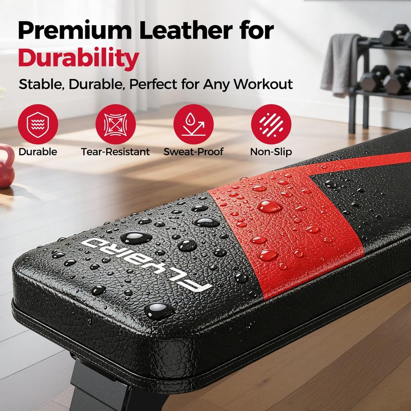 FLYBIRD Foldable Flat Weight Bench For Home Gym, Sturdy Strength Training Workout Bench, Space-saving Bench Press Flat Exercise Bench, Easy to Assemble (A-Red)