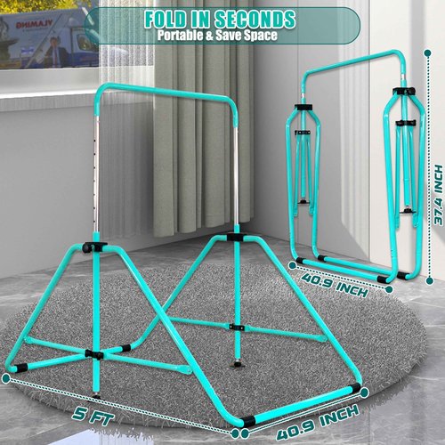 MARFULA Foldable Gymnastic Bar for Kids Ages 3-9, 9 Height Levels, 200 lbs Weight Capacity, 5 Ft Length Gymnastic Kip Bar with Mat, Gymnastic Equipment for Home and Gym Center Indoor Outdoor Use