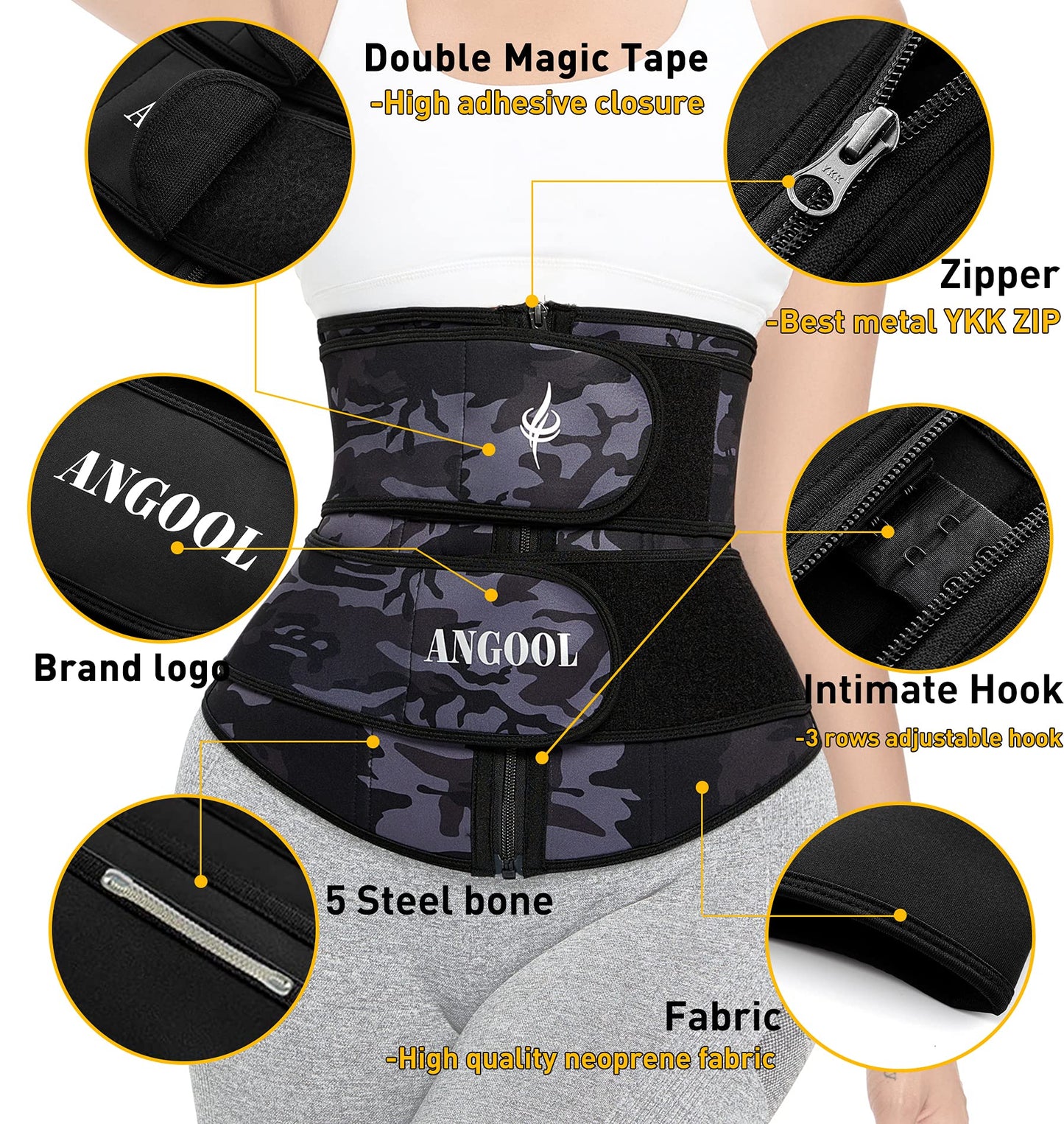 ANGOOL Neopren Waist Trainer For Women,Workout Plus Size Trimmer Belt Sauna Sweat Corset Cincher With Zipper M Camo
